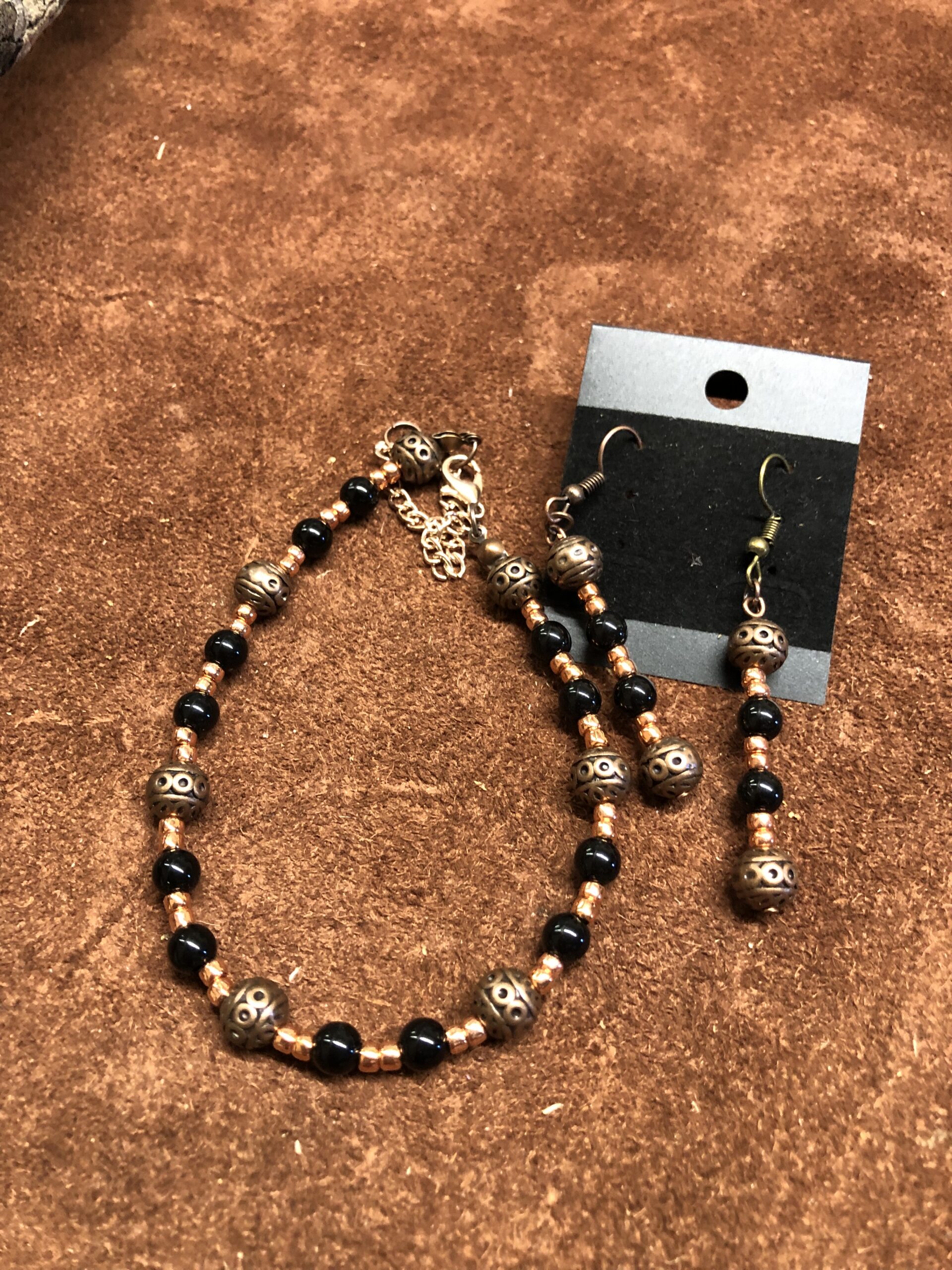 Copper & Bronze Bracelet and Earrings with Black Bead Accents