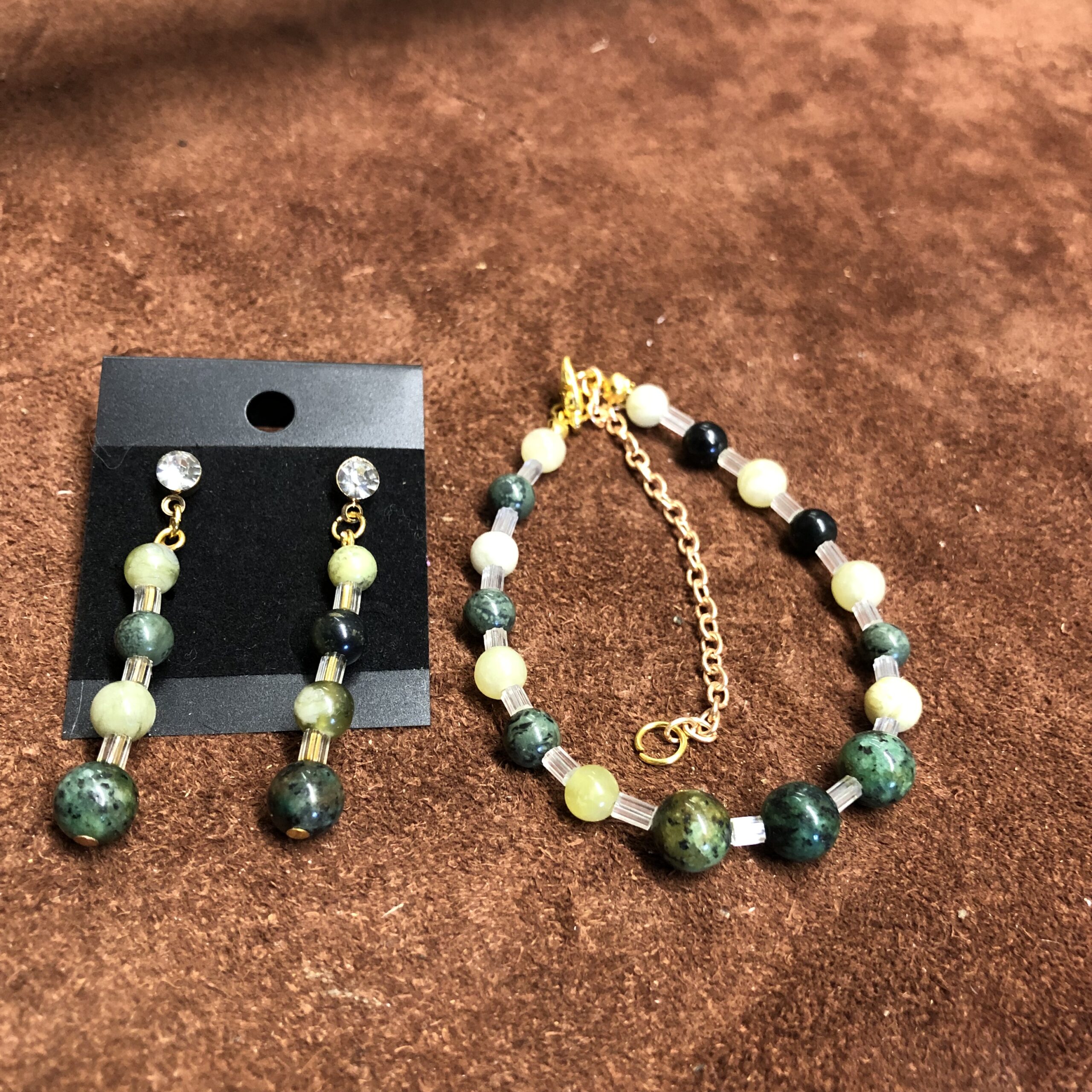 African Turquoise Bead Bracelet and Earrings with Rhinestone Studs