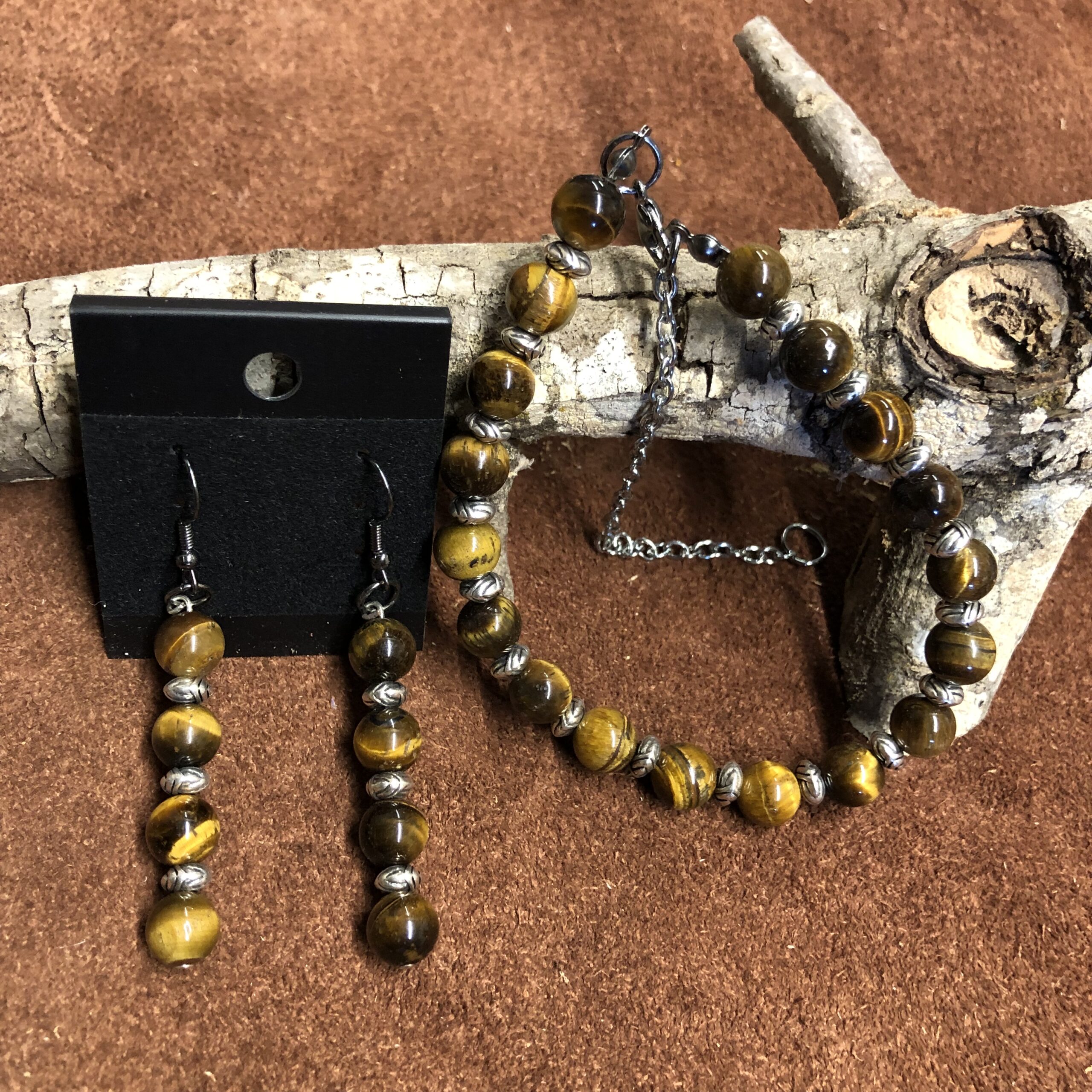 Tigers Eye Beads with Silver Accents Bracelet and Earrings