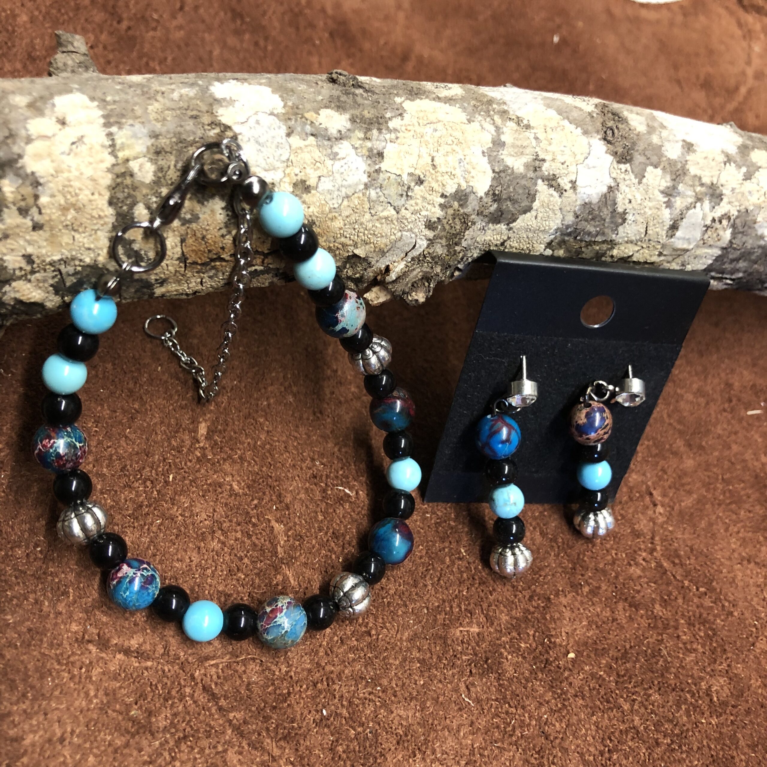 Picasso Jasper in Blue, Bracelet and Earrings with Rhinestone Studs