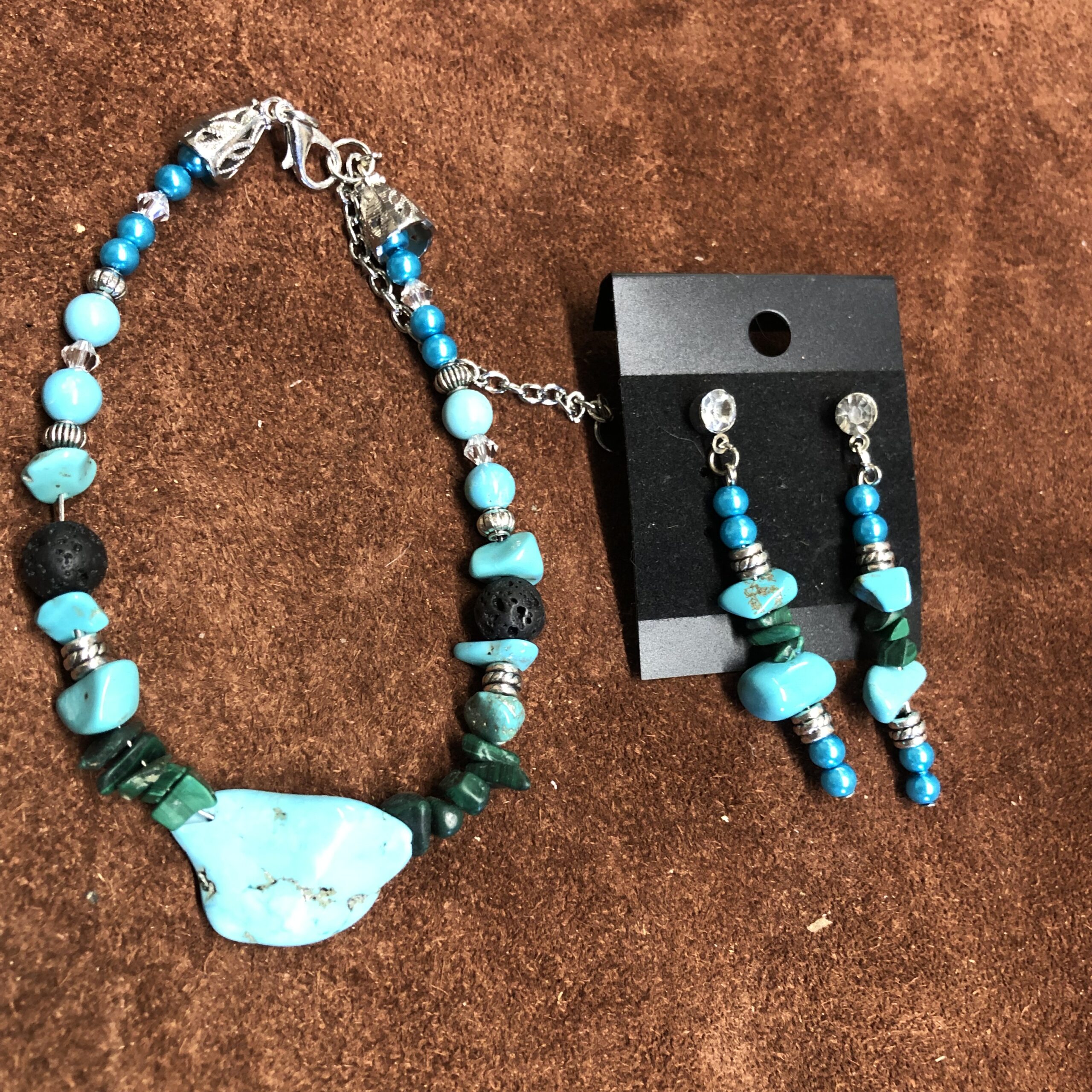 Magnasite Slab Bracelet and Earrings with Real Turquoise Nuggets and Rhinestone Studs