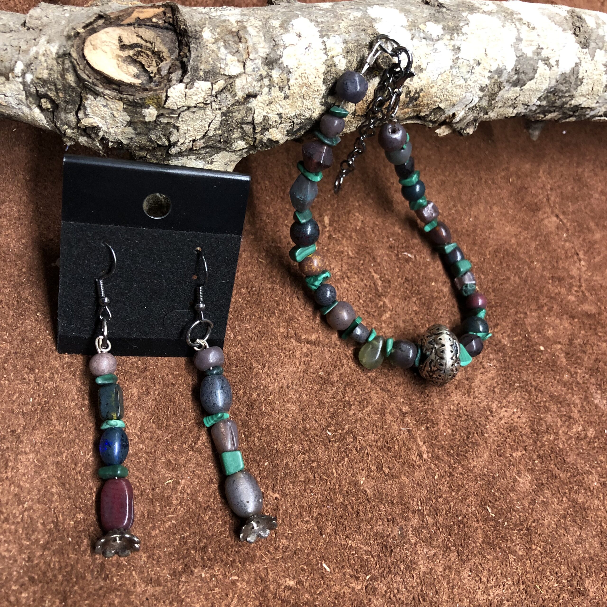 Various Stone Beads with Silver Accents Bracelet and Earrings