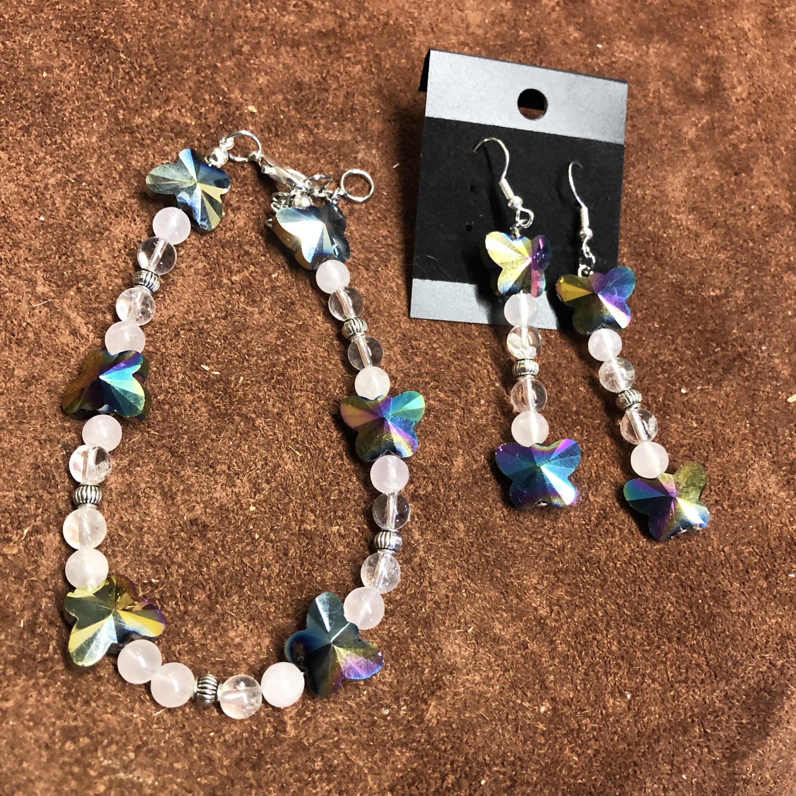 Multihued Butterfly Beads with Silver Beads Bracelet and Earrings