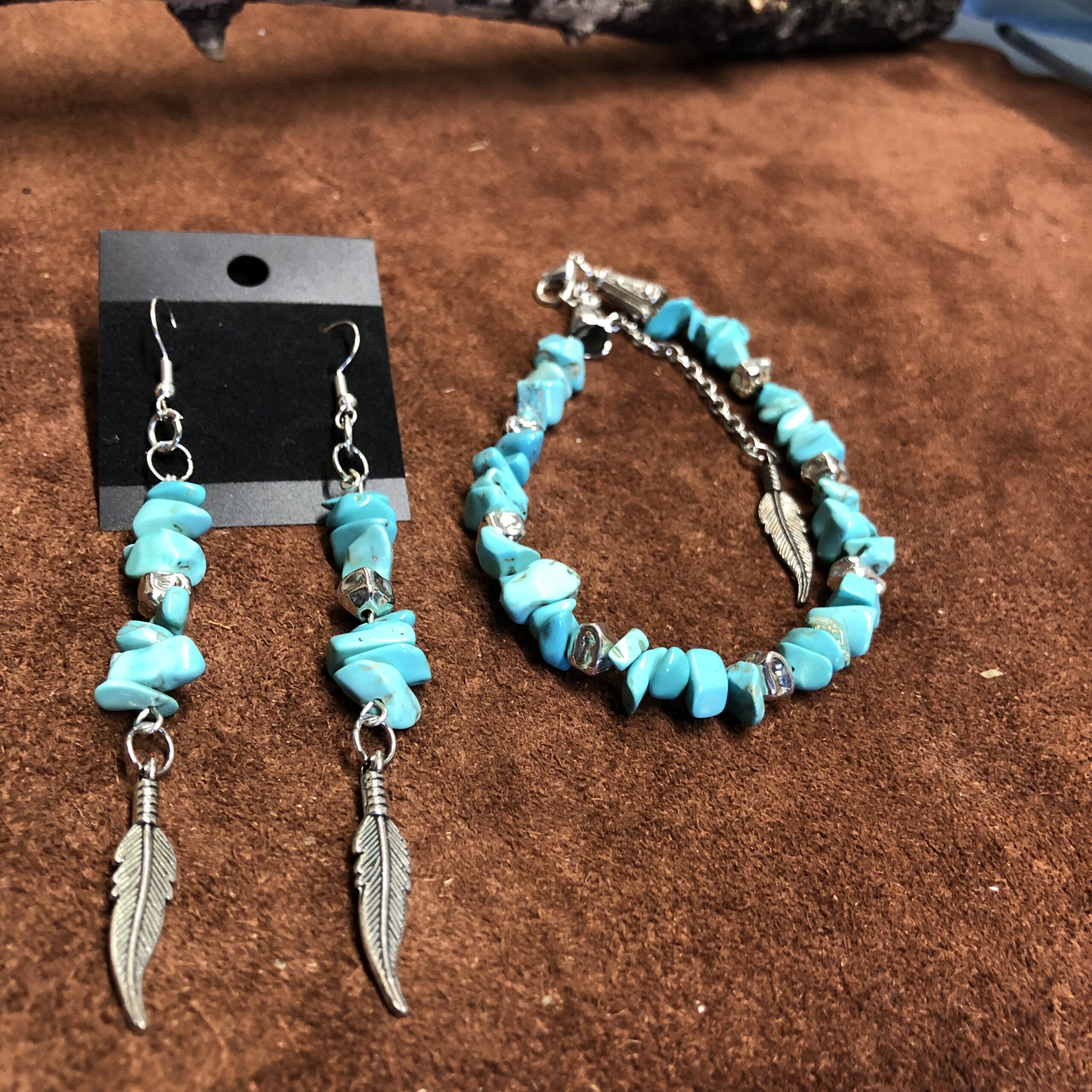 Real Turquoise Nuggets with Silver Nugget Beads and Silver Feather Charms Bracelet and Earrings