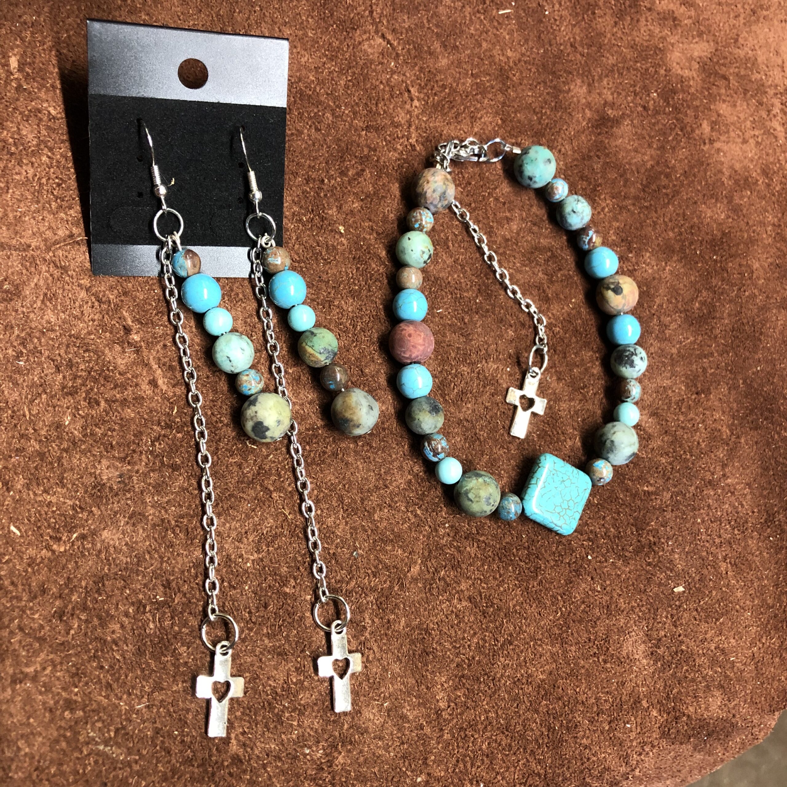 Picasso Jasper in Blue with Magnasite Diamond Shaped Bead Bracelet and Earrings with Silver Heart Cross Charm