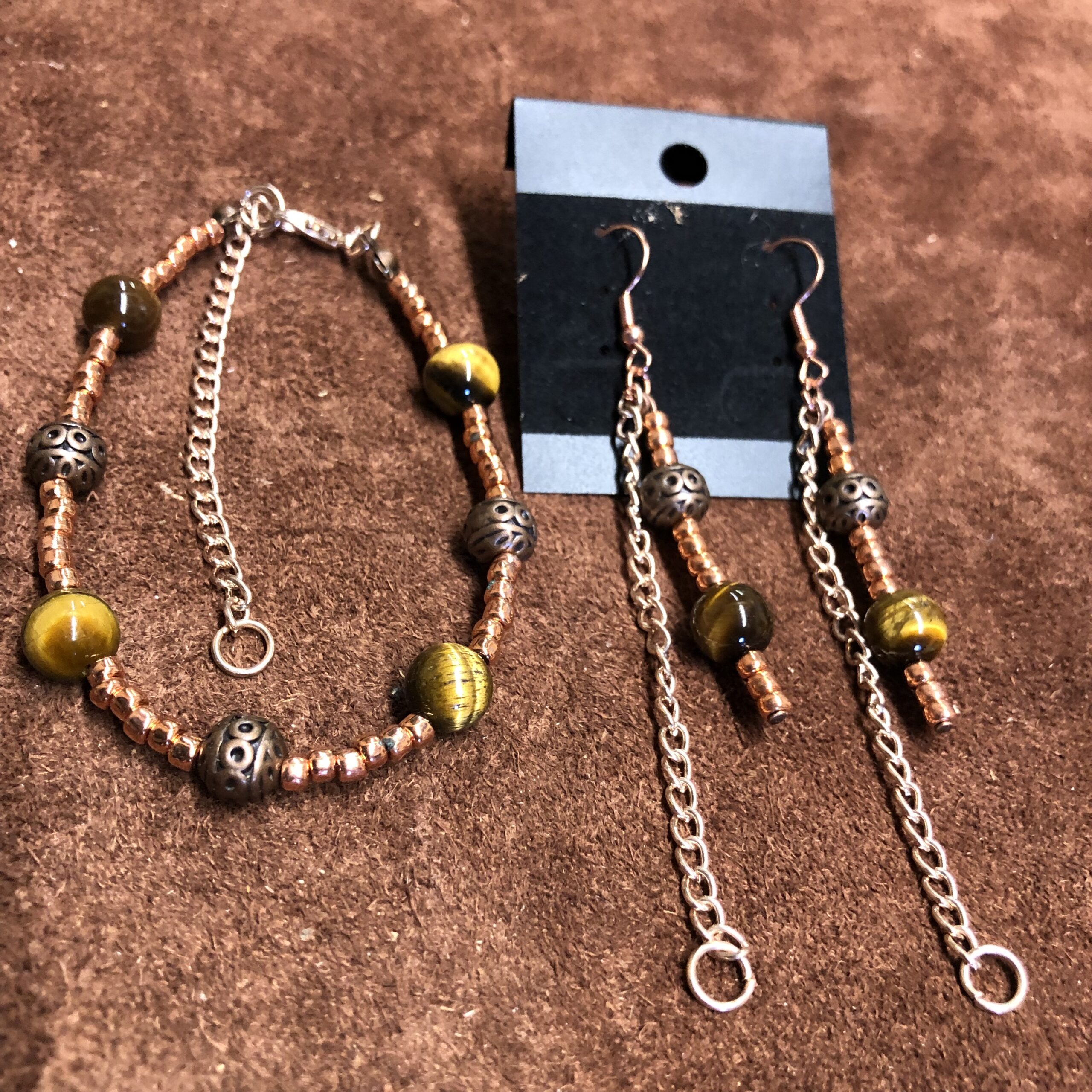Tigers Eye Beads with Copper Accents Bracelet and Earrings on Rose Gold Chain