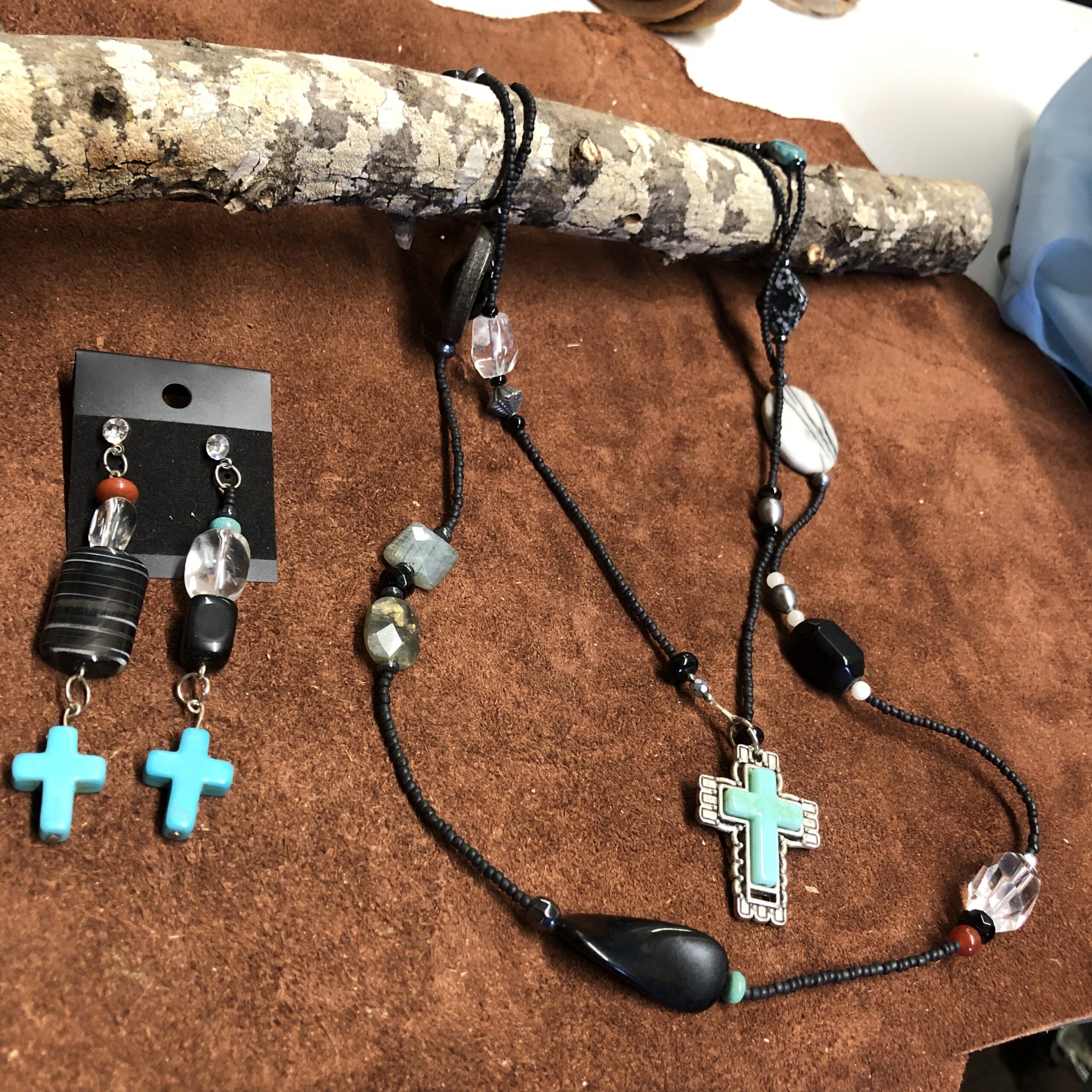 Black Onyx Stones, Various Colored Stones on Long Necklace, Silver and Turquoise Cross Charm with matching Earrings on Rhinestone Studs