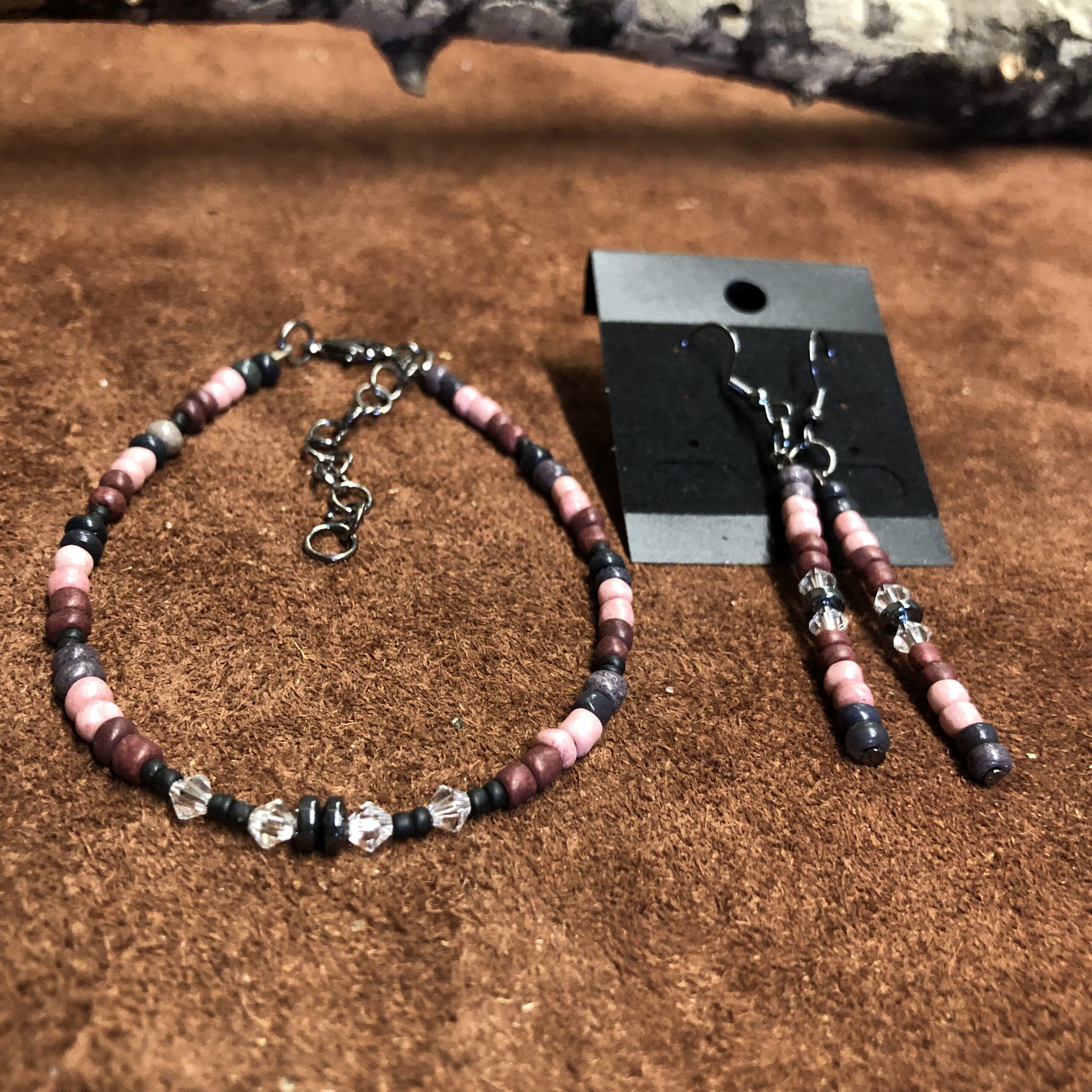Pink, Black, and Burgundy Beaded Bracelet and Earrings