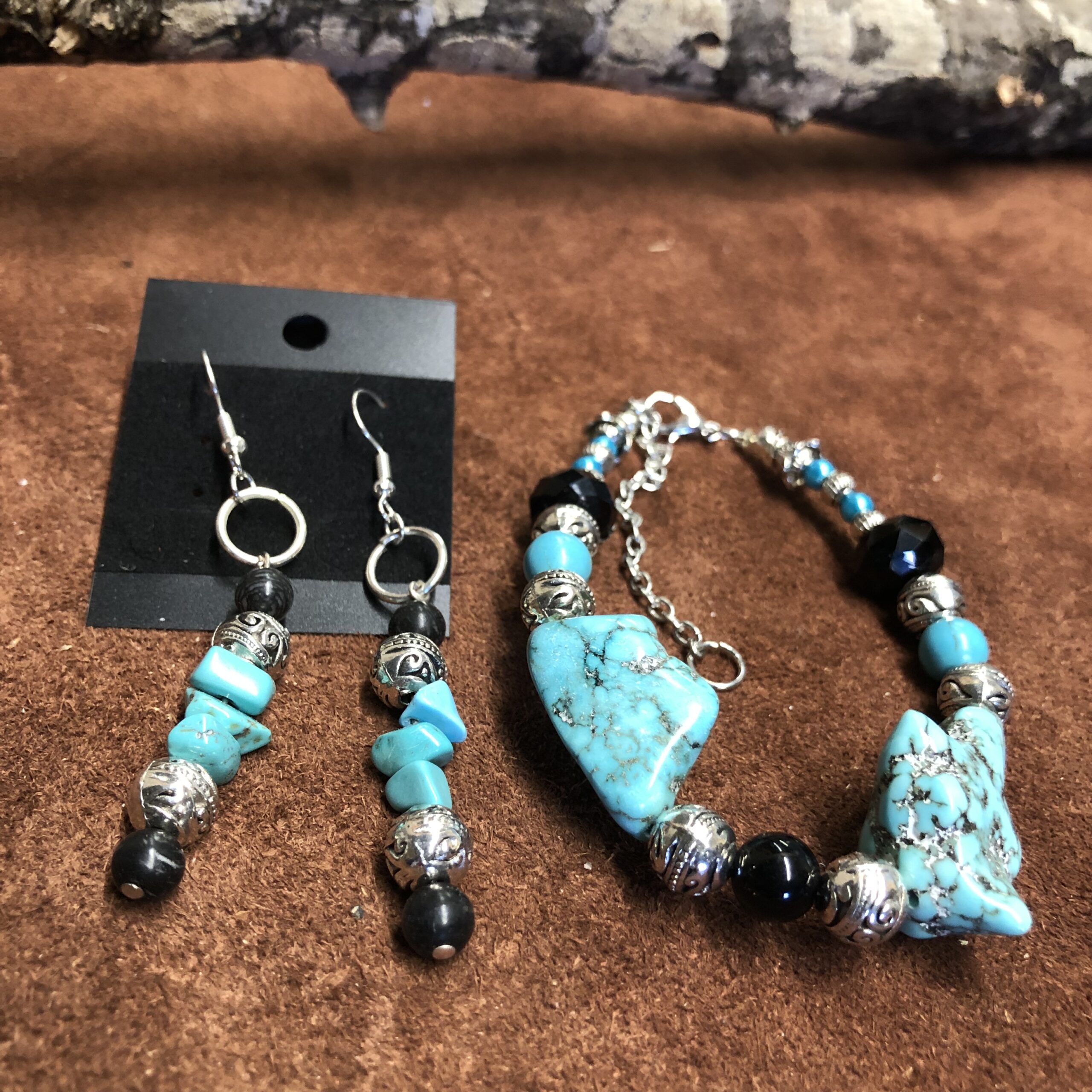 Magnasite Nugget Bracelet with Silver and Black Accents with Real Turquoise Nugget Earrings