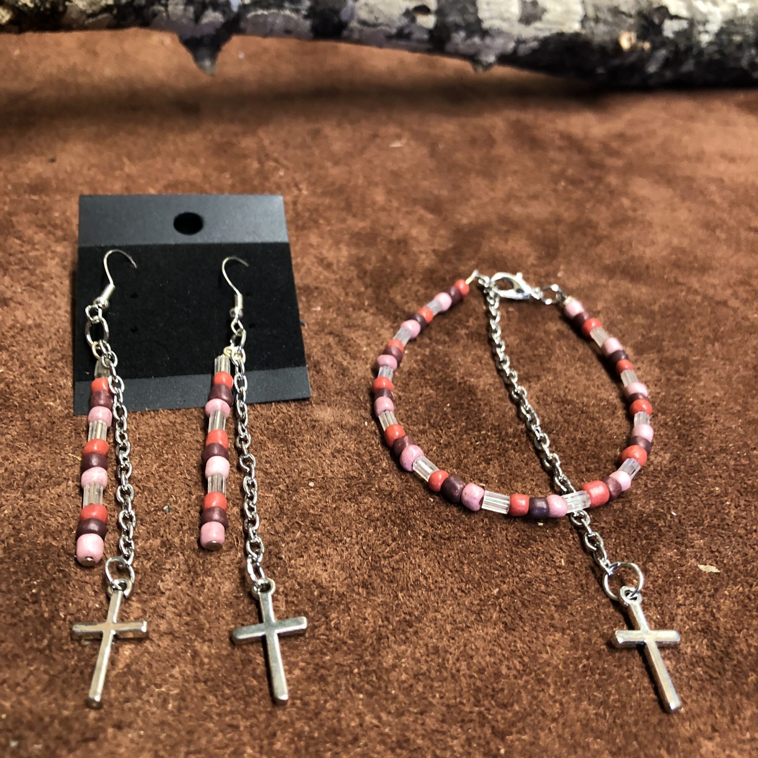Red, Pink, and Burgundy Beaded Bracelet and Earrings with Silver Cross Charms