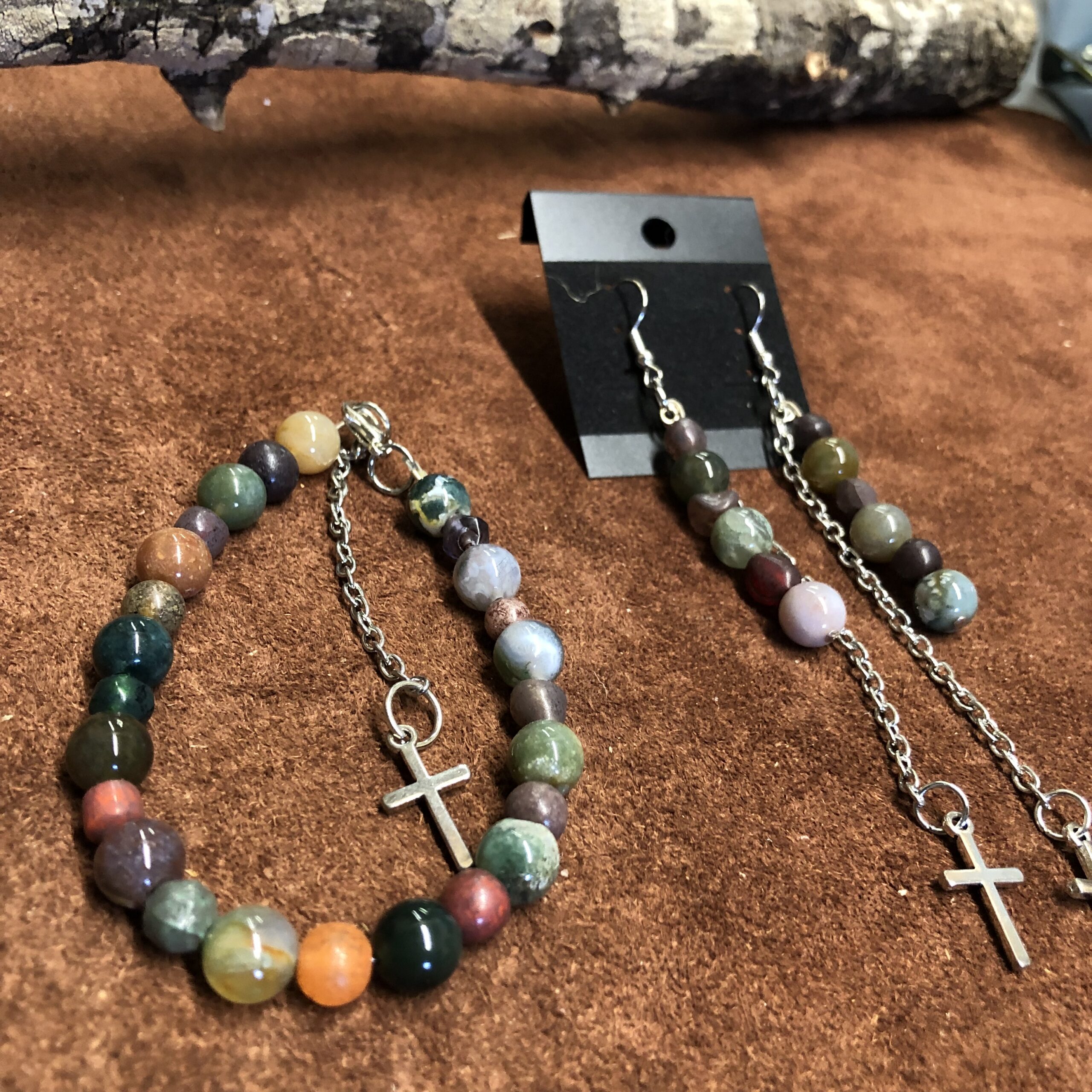 Multicolored Beaded Bracelet and Earrings with Silver Cross Charms