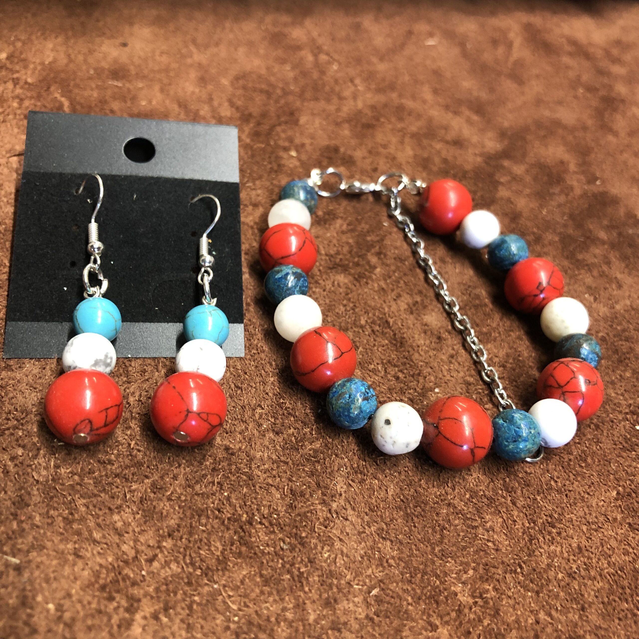Blue Picasso Jasper, Coral, and Howlite Beaded Bracelet and Earrings