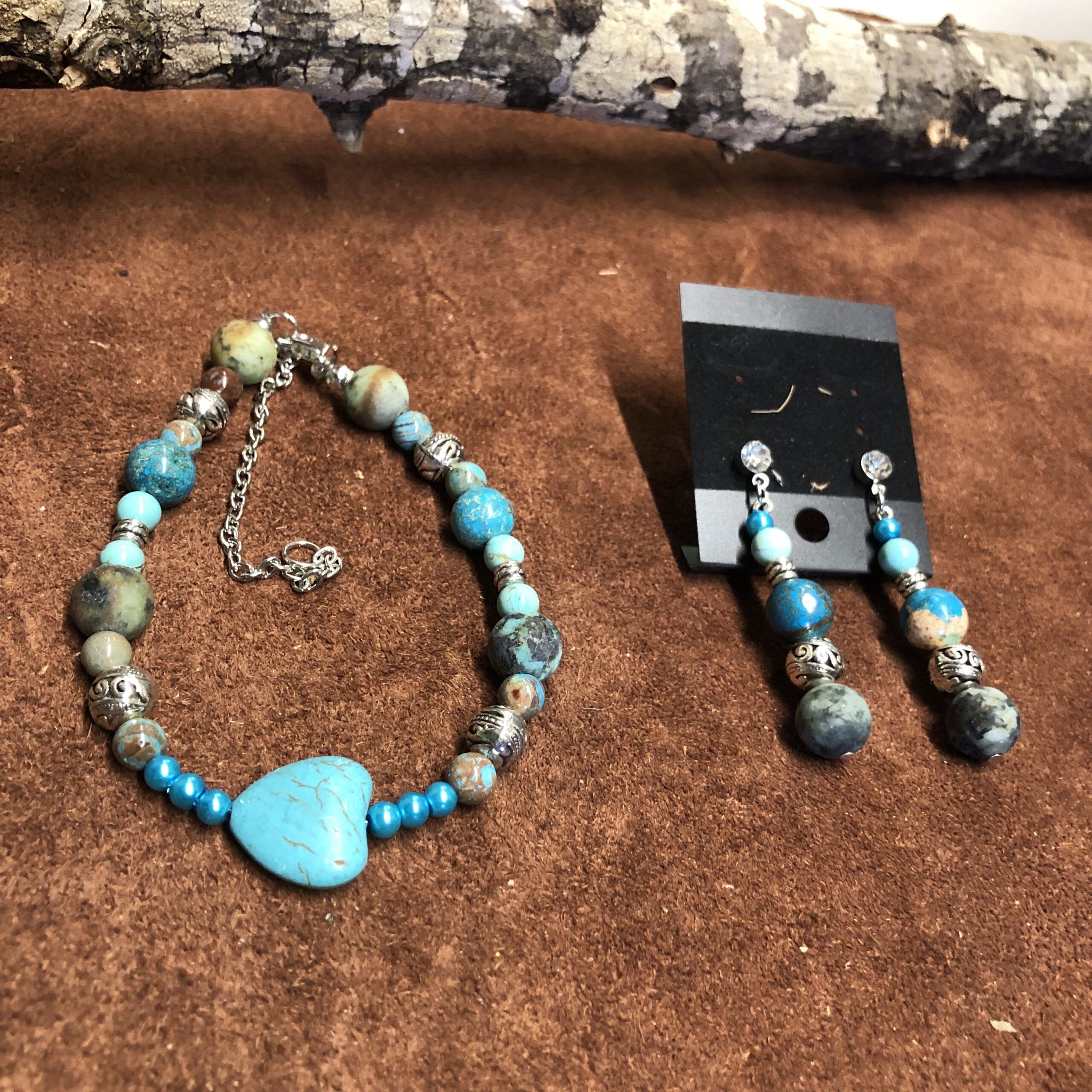 African Turquoise, Blue Picasso Jasper, and Magnasite Heart Bracelet with Matching Rhinestone Studded Earrings