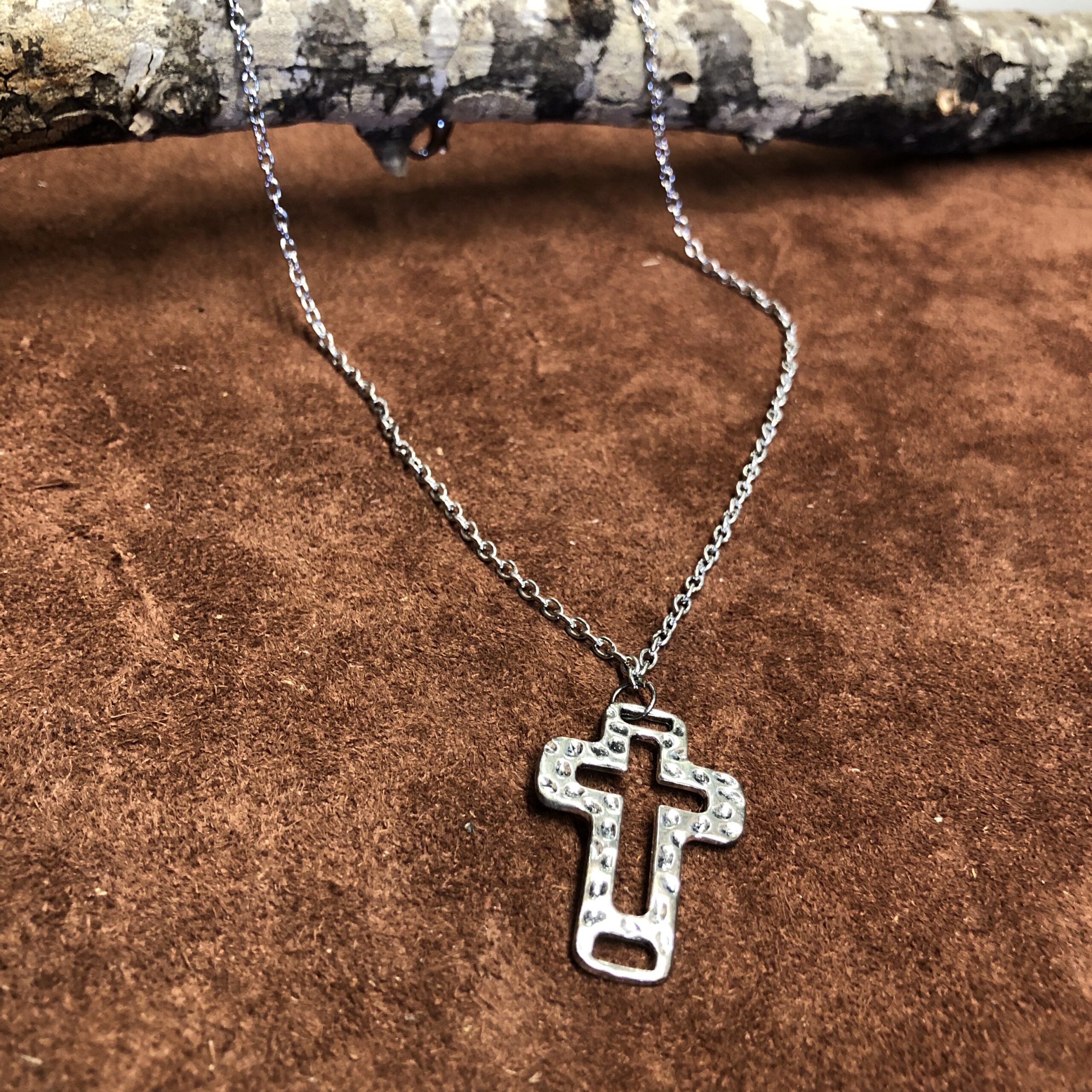 Hammered Silver Cross Charm Necklace