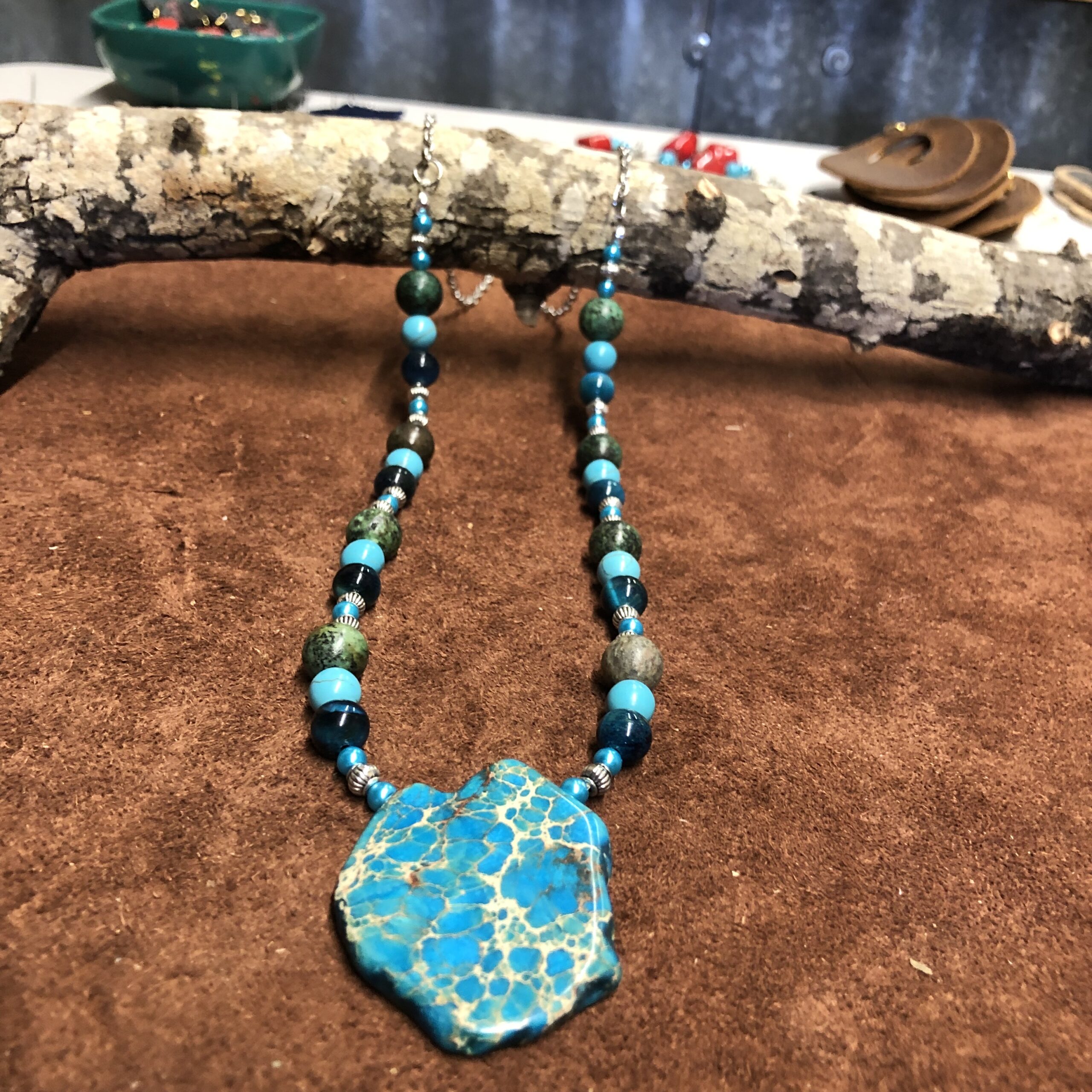 African Turquoise, Blue Picasso Jasper, Blue Imperial Beads and Magnasite Flat Stone Necklace