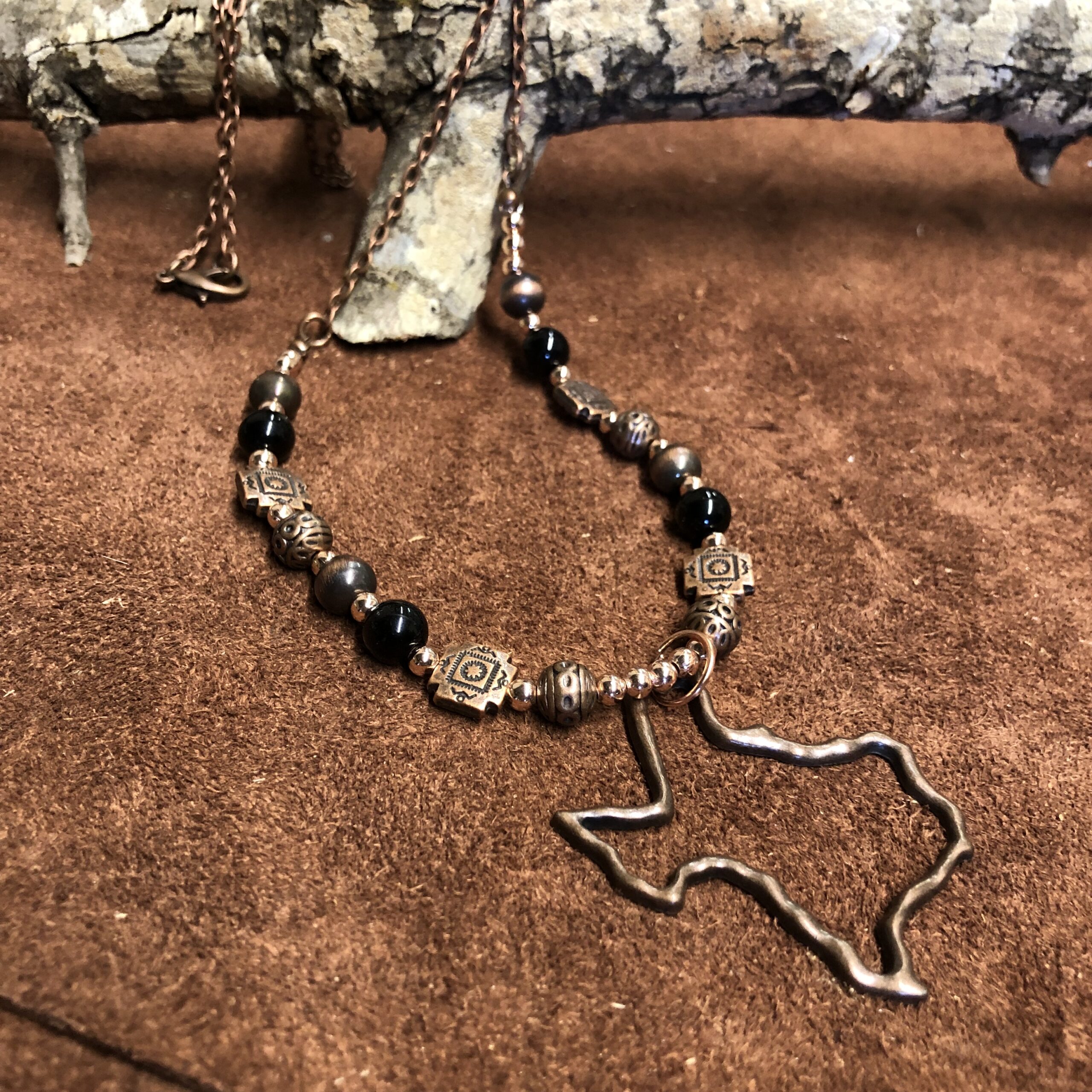 Onyx, Copper and Bronze Beads with Hammered Bronze Texas Charm Necklace