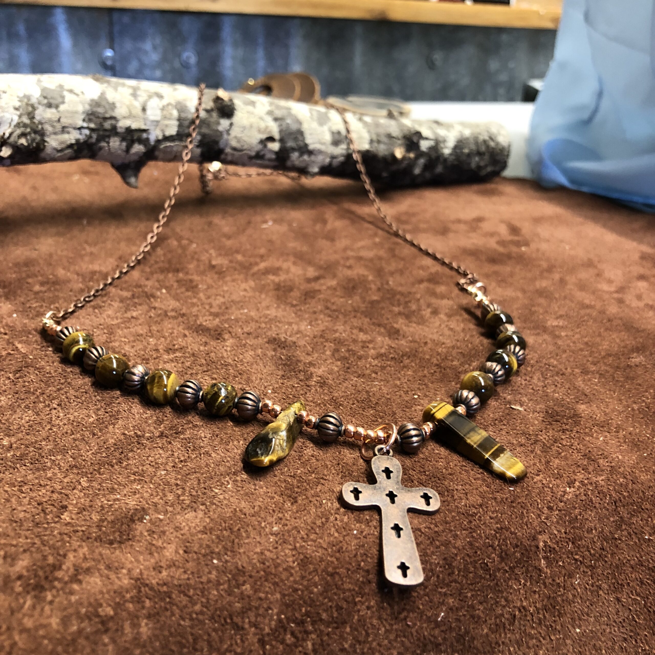 Tigers Eye Beads with Copper and Bronze Accents, Bronze Cross