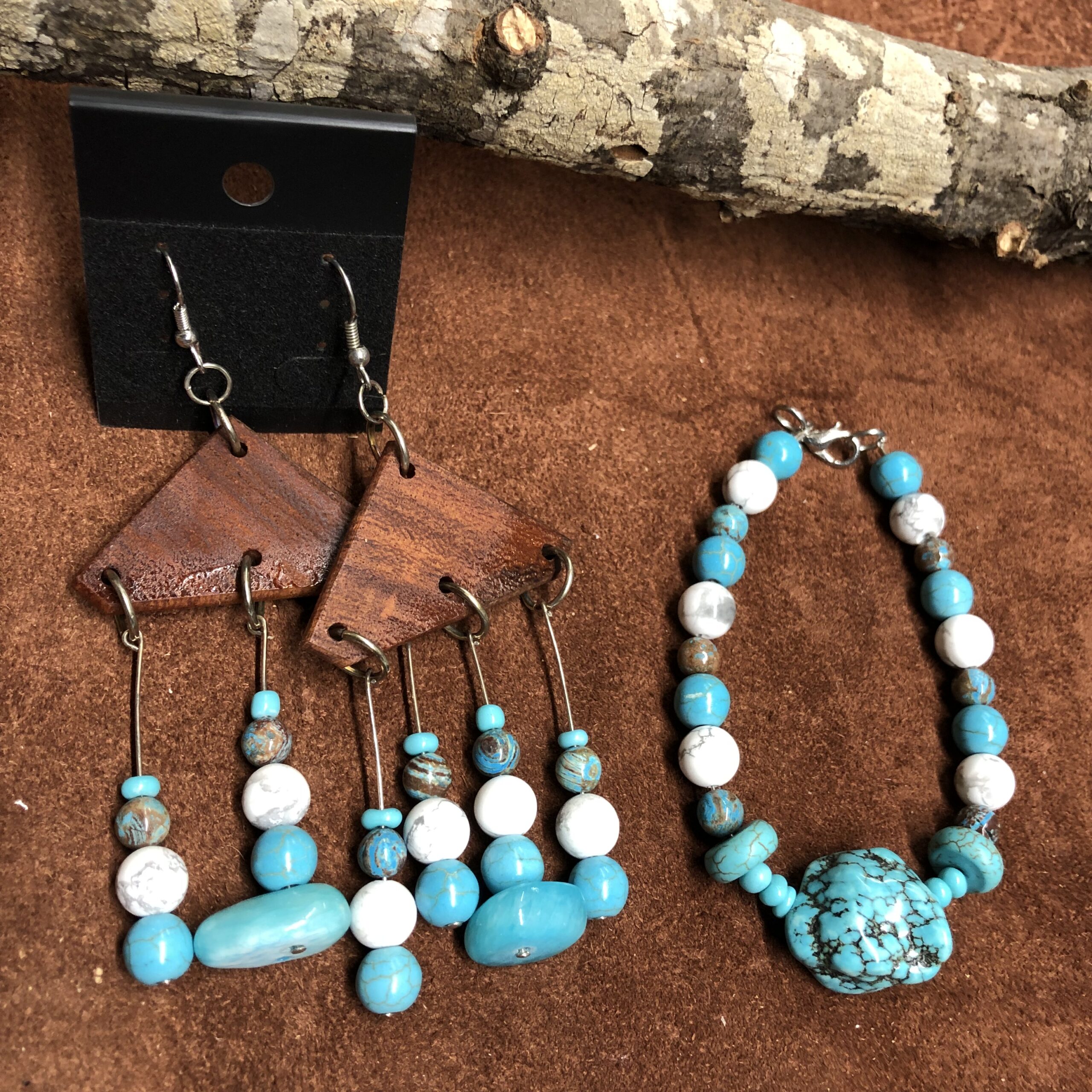 Magnasite Nugget, Howlite, Blue Picasso Jasper Bracelet with Matching Mesquite Triangle Wood Earrings