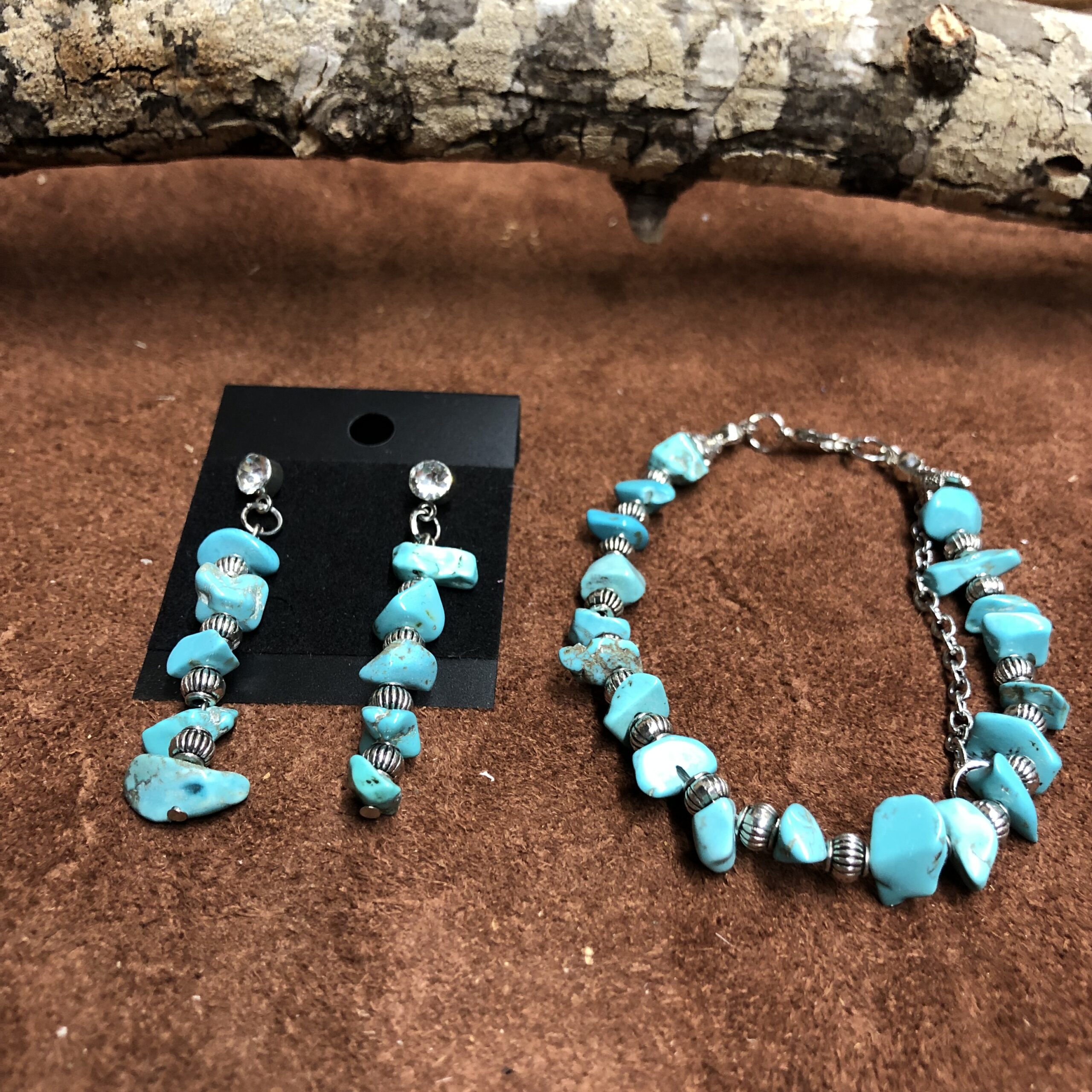 Real Turquoise Nuggets and Silver Bead Accents Bracelet and Earrings with Rhinestone Studs