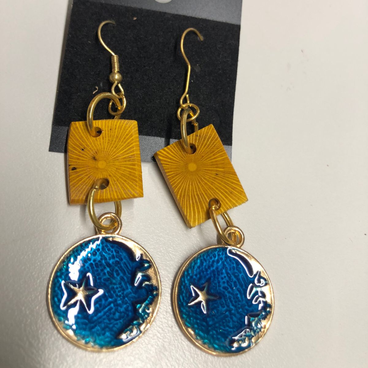 Agarita Wood Earrings on Gold Earwires with Blue Enameled Moon and Stars Charms