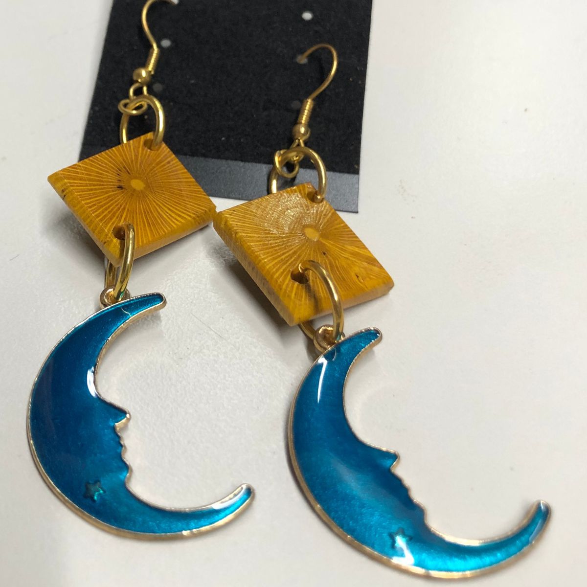 Agarita Wood Earrings on Gold Earwires with Blue Enameled Moon Charms