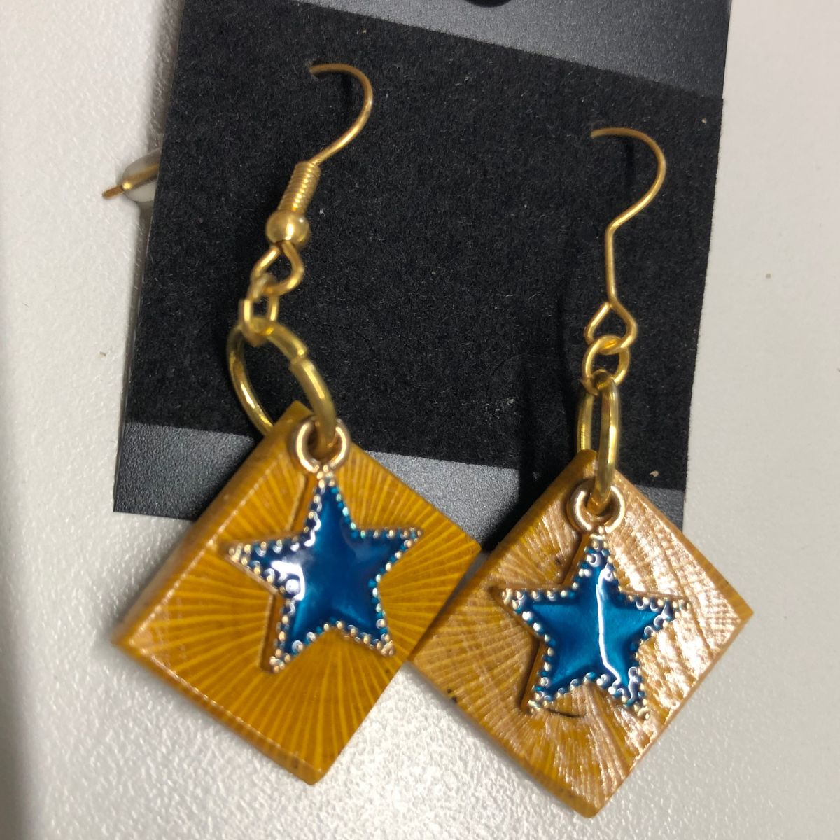 Agarita Wood Earrings on Gold Earwires with Blue Enameled Star Charms