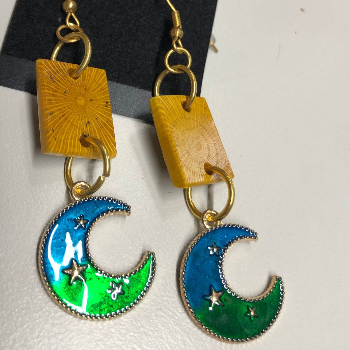Agarita Wood Earrings on Gold Earwires with Blue and Green Enameled Moon & Star Charms
