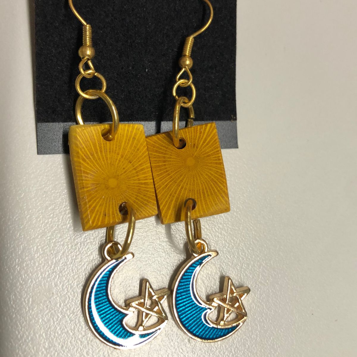 Agarita Wood Earrings on Gold Earwires with Blue Enameled Moon & Star Charms
