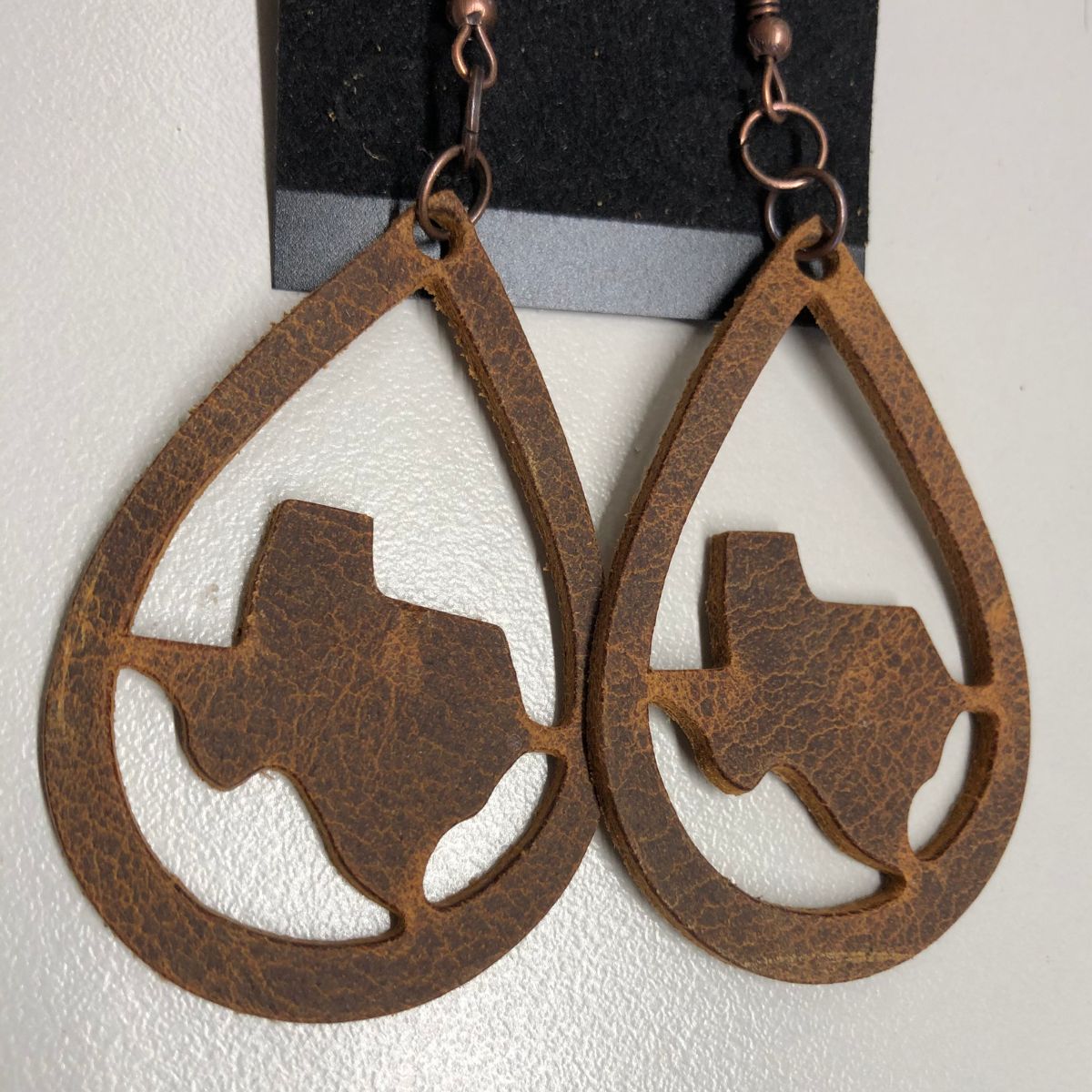 Distressed Leather Texas Teardrop Earrings with Copper Earhooks
