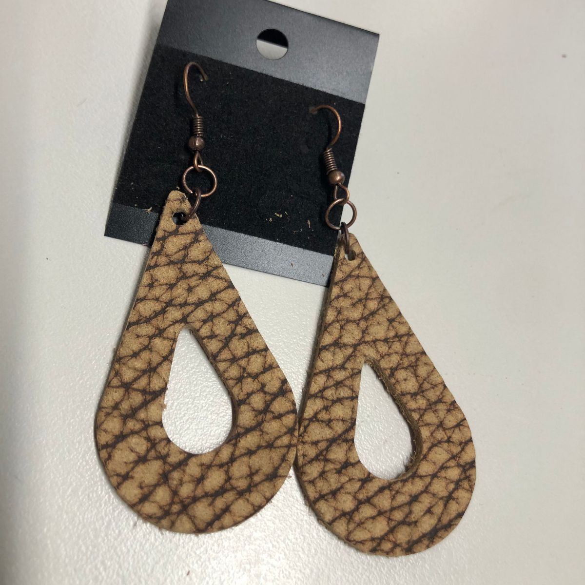 Real Bison Hide Leather Teardrop Earrings on Copper Ear wires