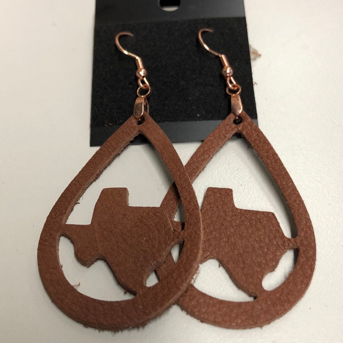 Real Brown Pebbled Leather Texas Teardrop Earrings with Rose Gold Earwires