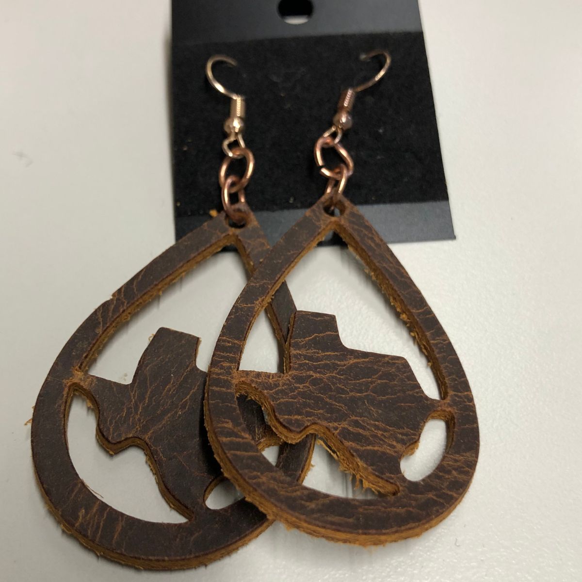 Real Distressed Leather Texas Teardrop Earrings with Rose Gold Ear Wires