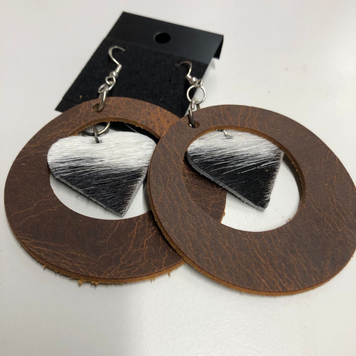 Distressed Leather Wide Circle Earrings with Real Leather Cowhide Heart Charms on Silver Ear wires
