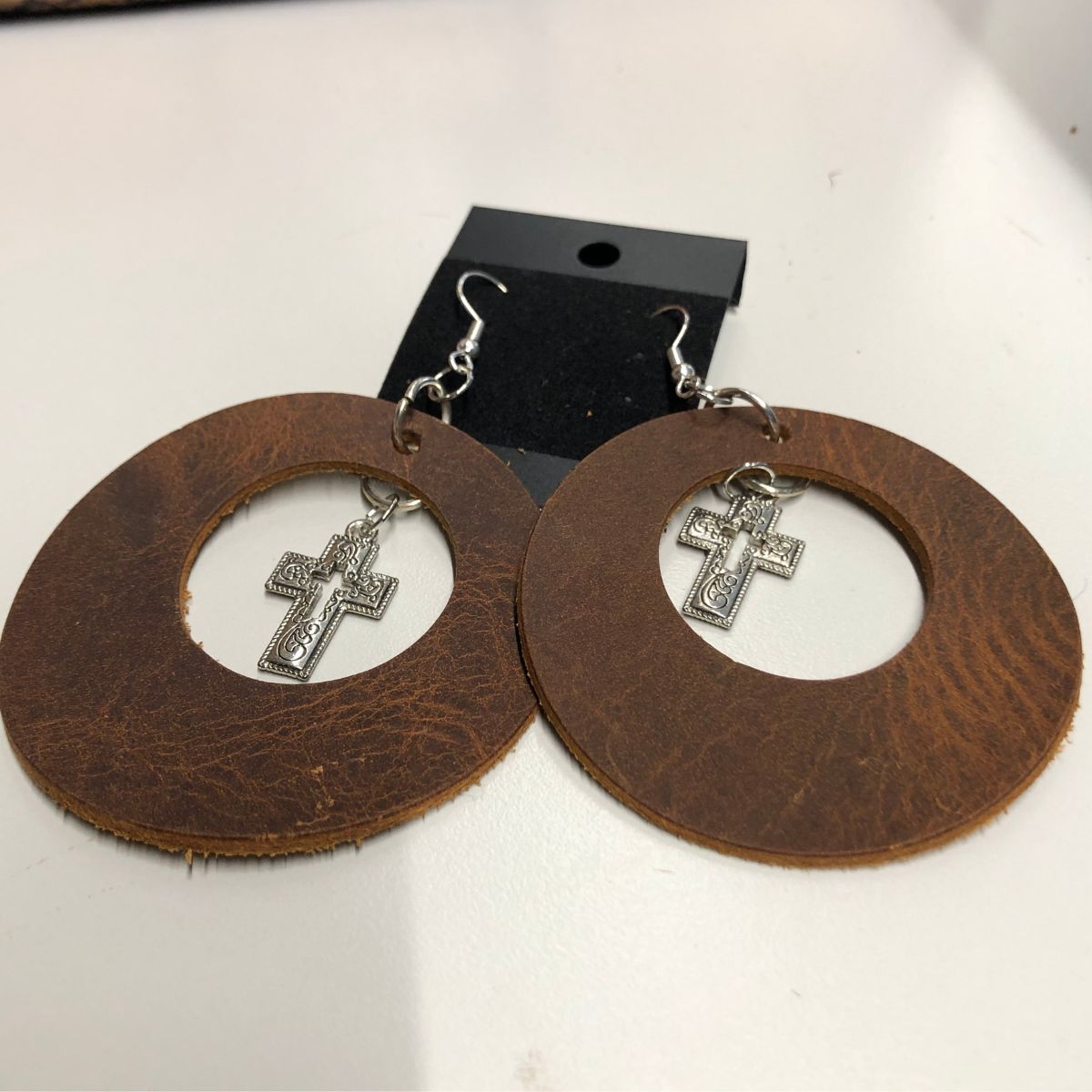Distressed Leather Wide Circle Earrings with Silver Cross Charms on Silver Ear Wires