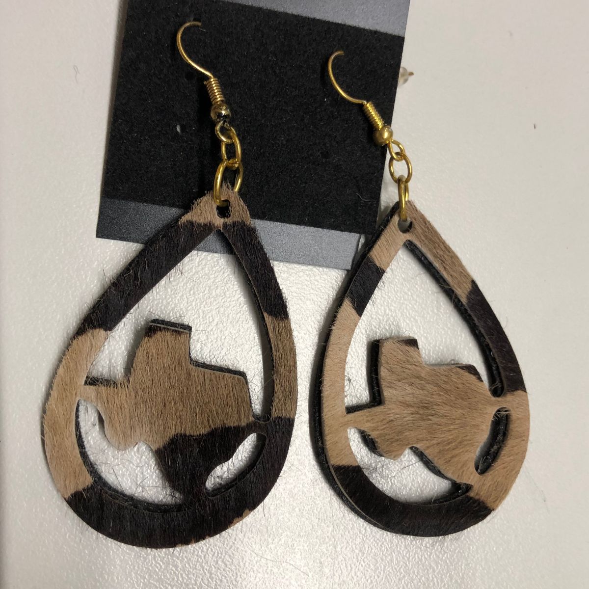 Real Leather Hair on Hide Dark Zebra Print Texas Teardrop Earrings with Gold Earhooks