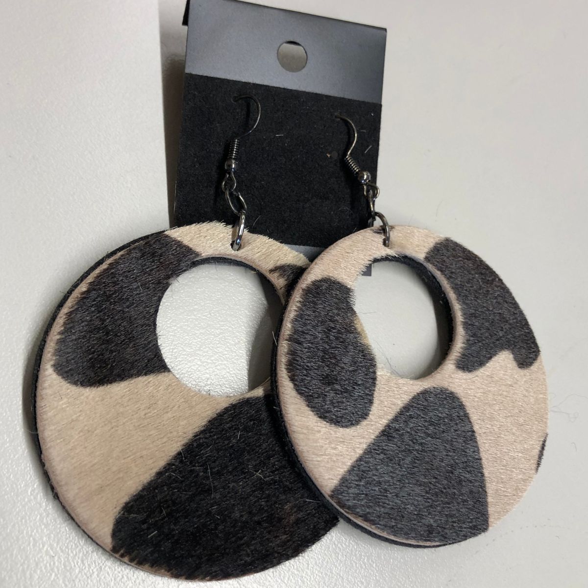 Real Leather Hair on Hide Giraffe Print Wide Circle Cutout Earrings with Titanium Black Earwires