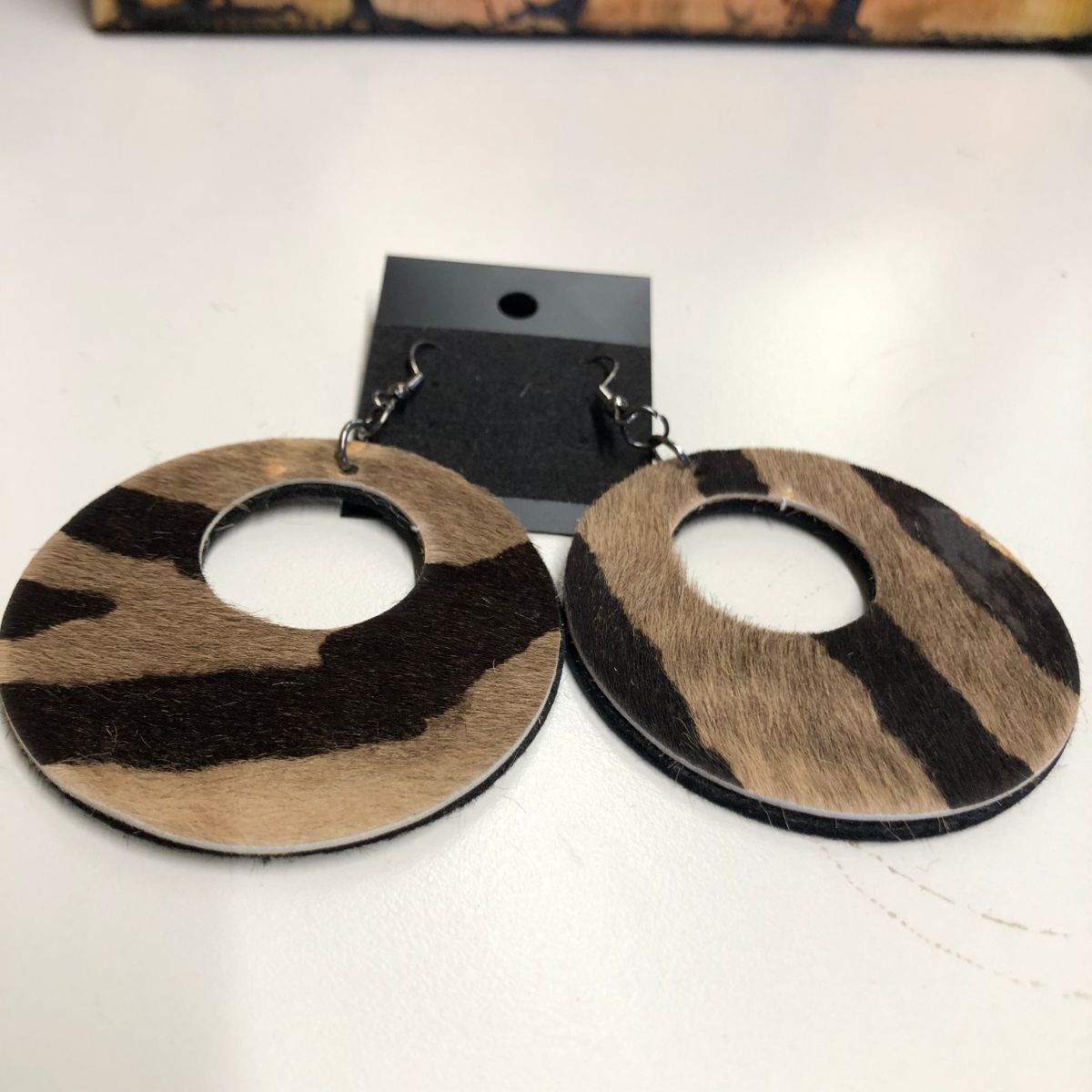 Real Leather Hair on Hide Dark Zebra Print Wide Circle Cutout Earrings with Titanium Black Earwires (Copy)