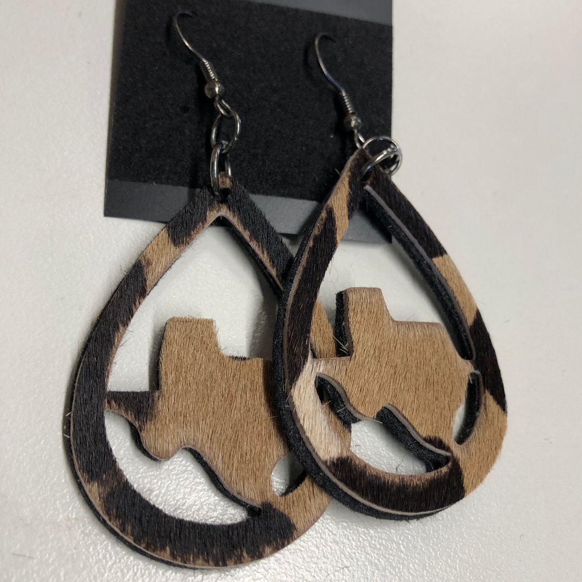 Real Leather Hair on Hide Giraffe Print Texas Teardrop Earrings with Titanium Black Earhooks