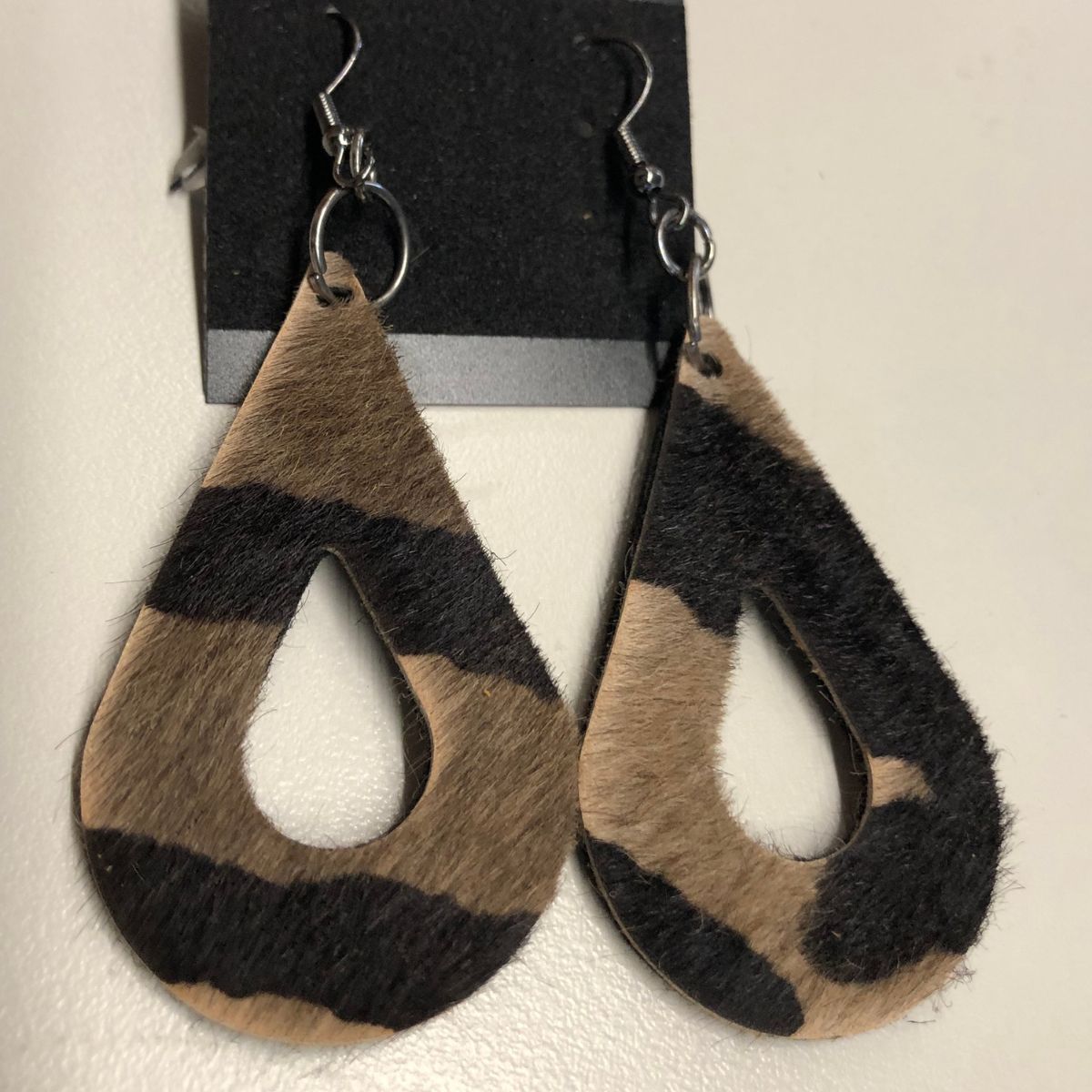 Real Leather Hair on Hide Dark Zebra Print Teardrop Earrings with Titanium Black Ear wires