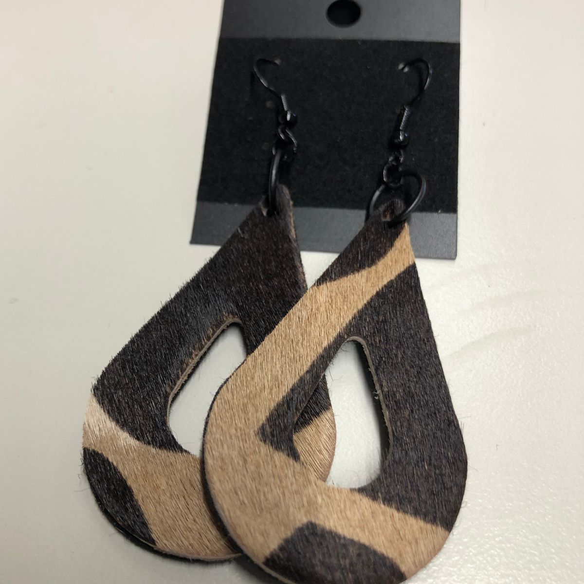 Real Leather Hair on Hide Giraffe Print Teardrop Earrings with Black Earwires
