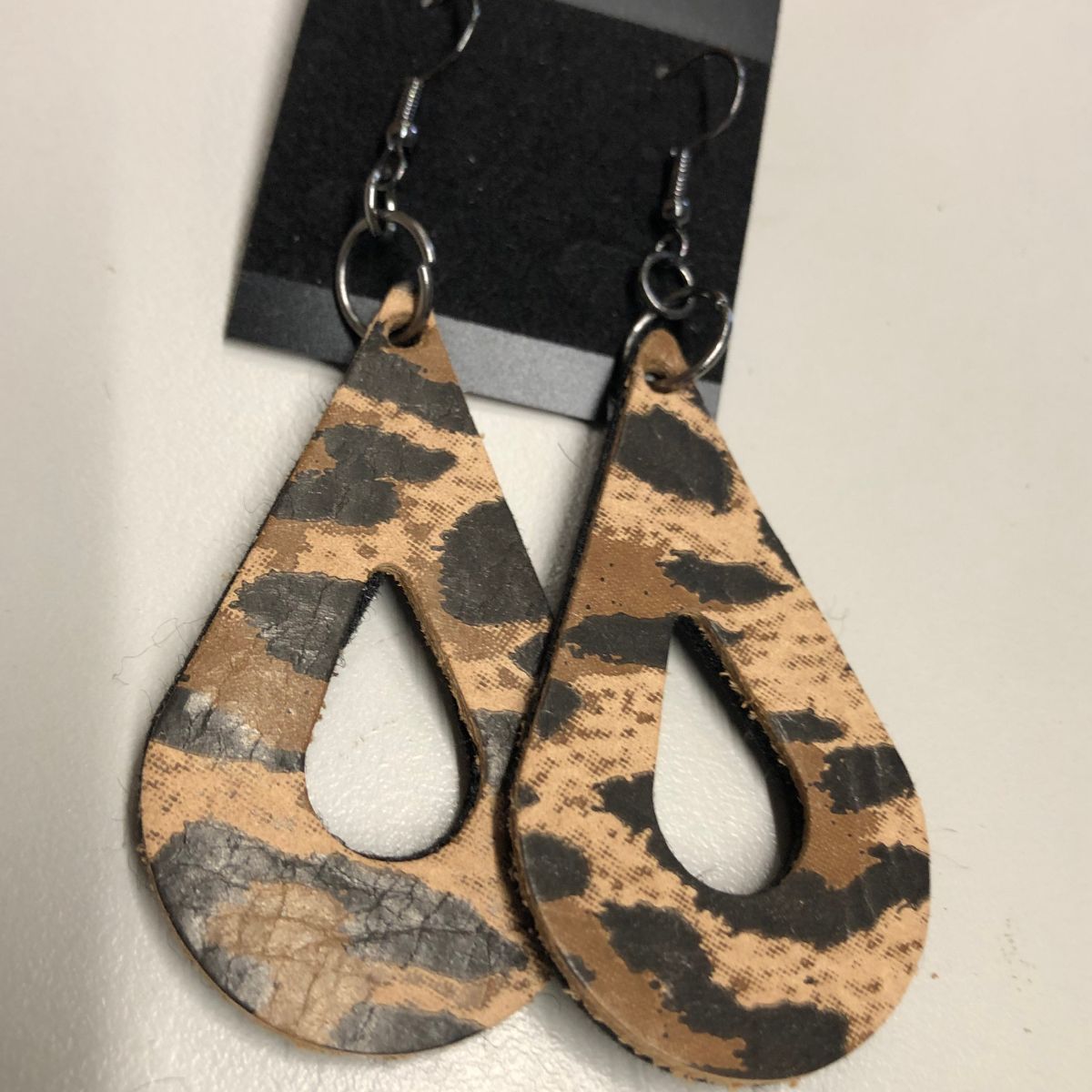 Real Leather Leopard Print Teardrop Earrings on Titanium Black ear wires