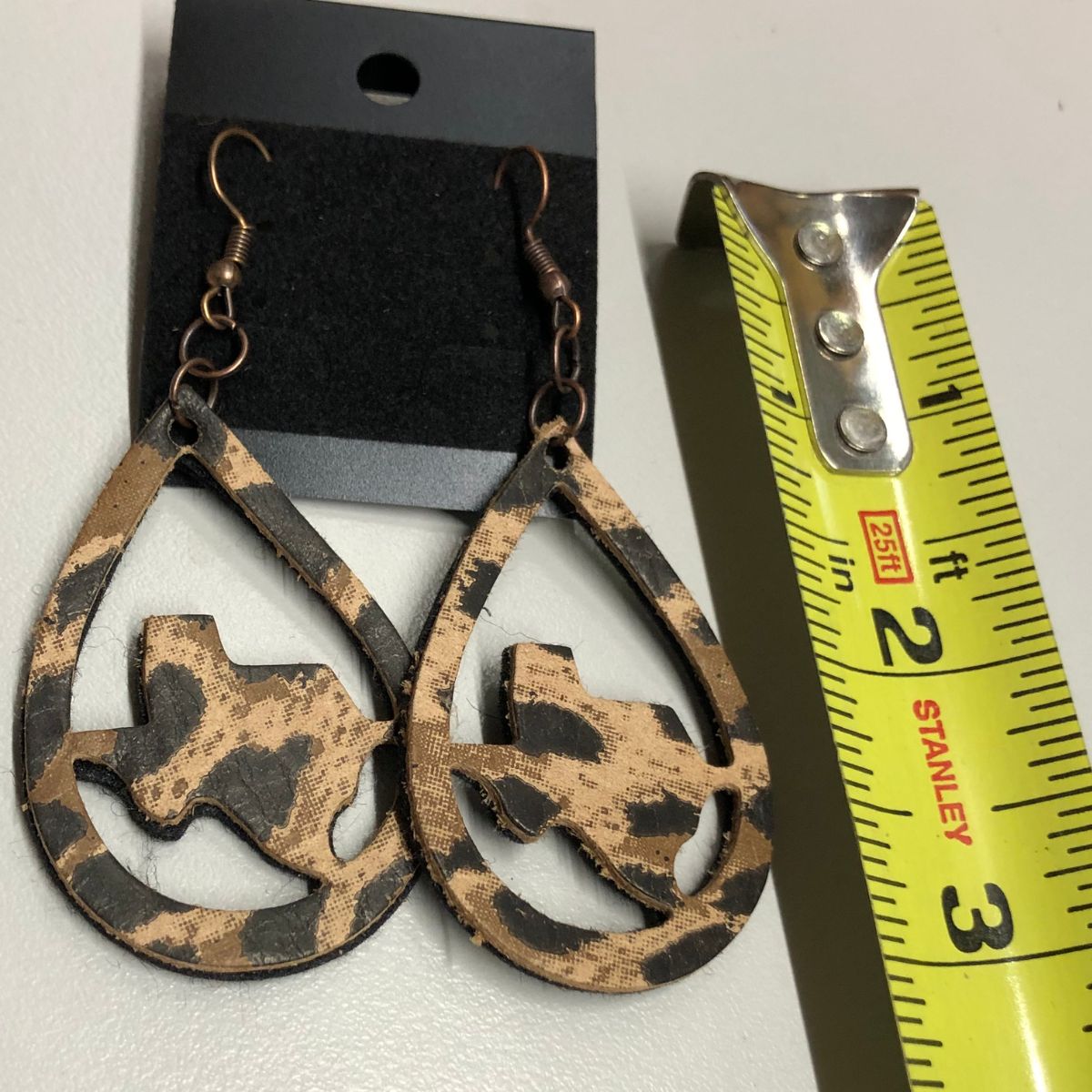 Real Leather Leopard Print Texas Teardrop Earrings with Copper Ear Wires