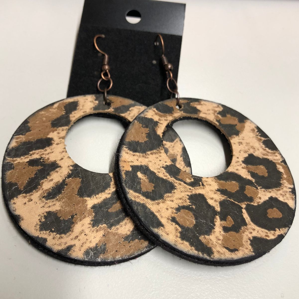 Real Leather Leopard Print Earrings with Copper Earwires