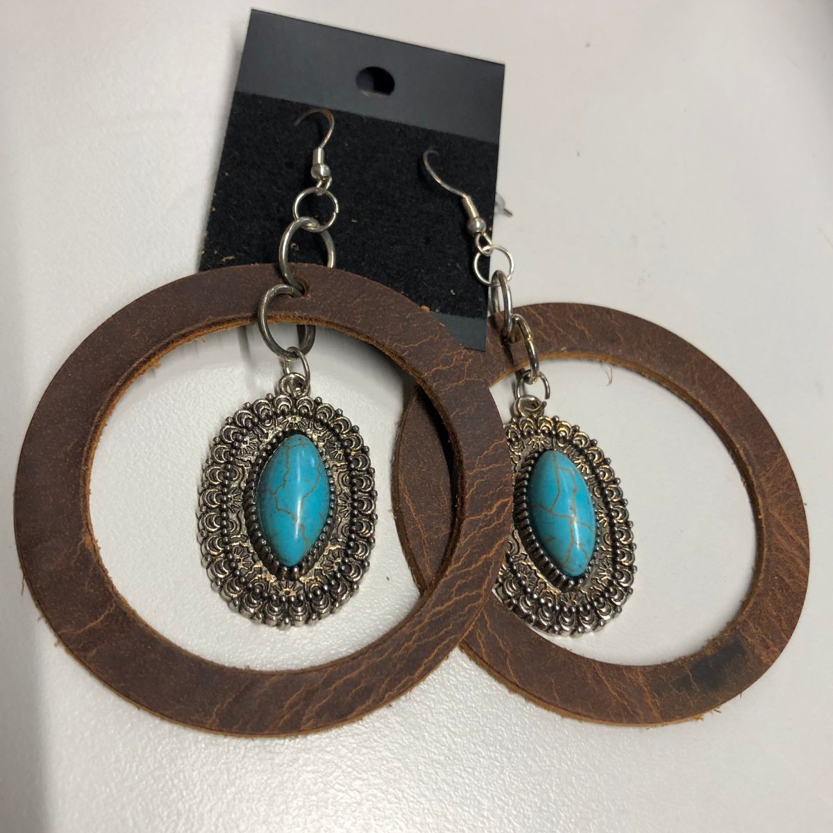 Distressed Leather Circle Cutout Earrings with Faux Turquoise & Silver Oval Charms on Silver Ear Wires