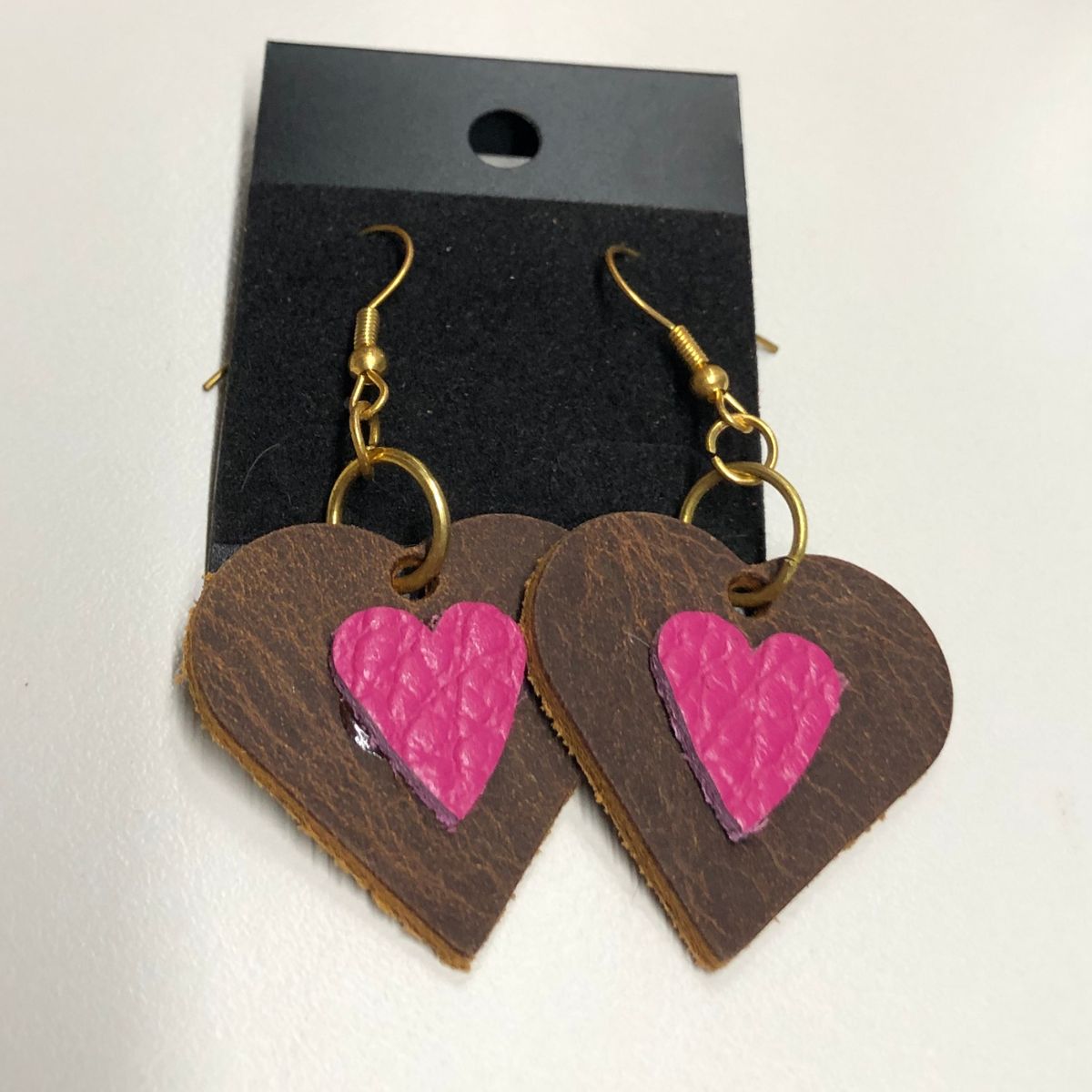 Real Distressed Leather and Red Pebbled Leather Heart Earrings on Gold ear wires