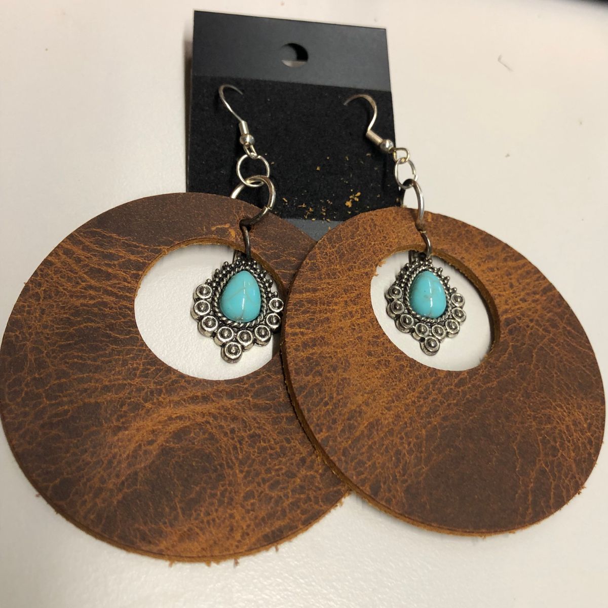 Distressed Leather Wide Circle Cutout Earrings with Faux Turquoise & Silver Teardrop Charms on Silver Ear Wires