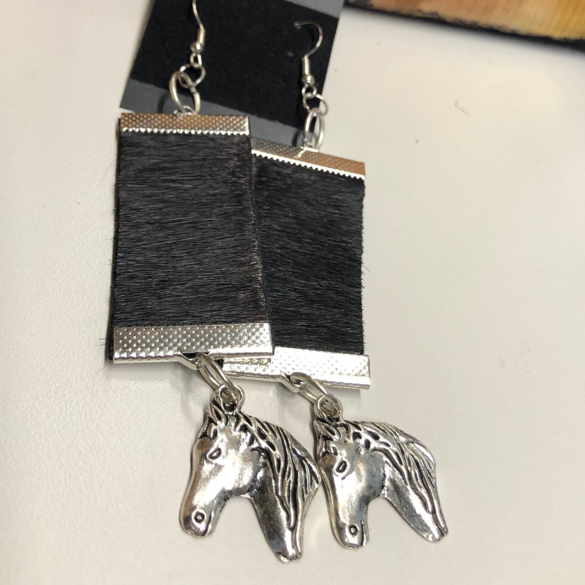 Real Leather Hair on Hide Earrings with Ribbon Crimps and Horse Head Charms on Silver ear wires