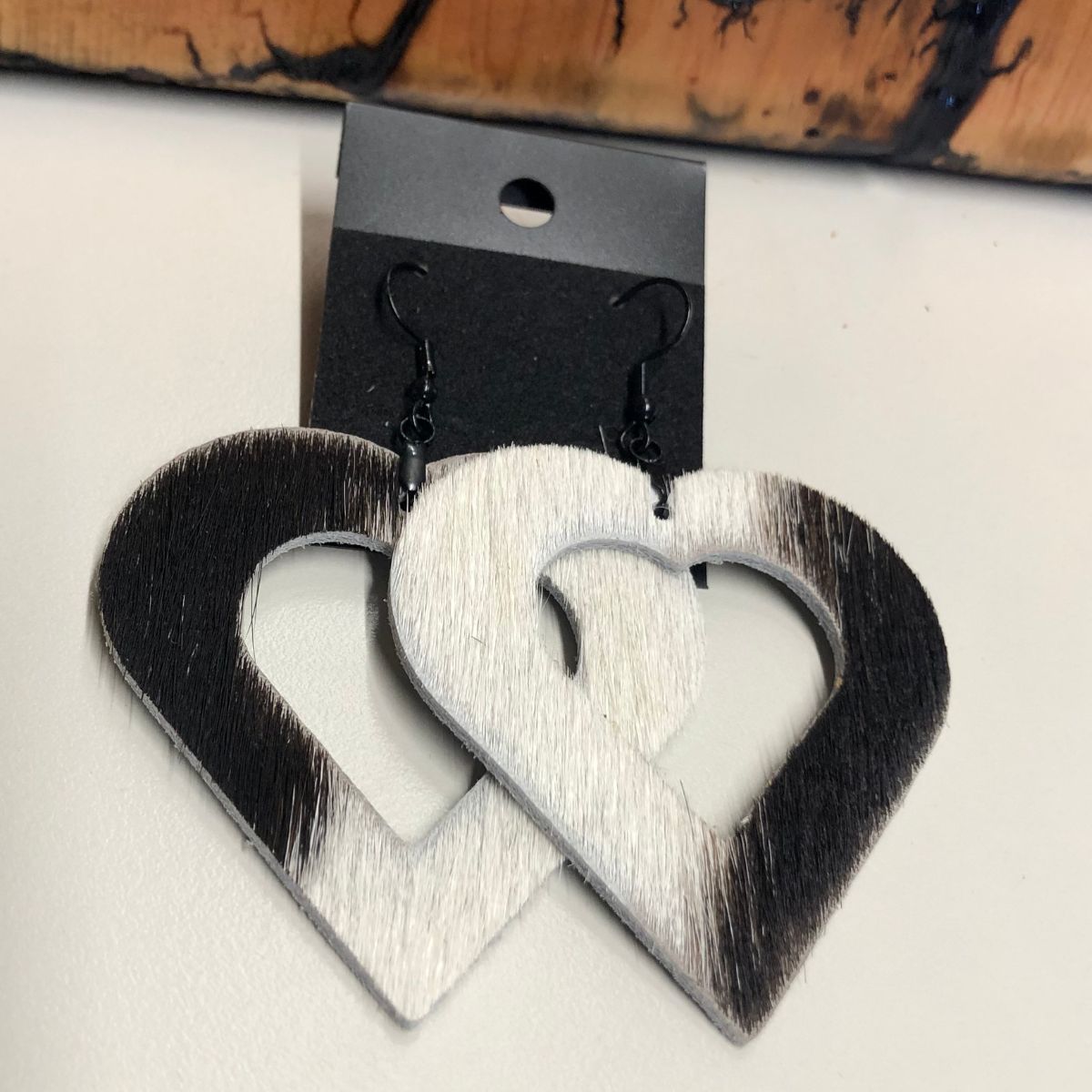 Real Leather Hair on Hide Heart Cutout Earrings with Black Ear Wires