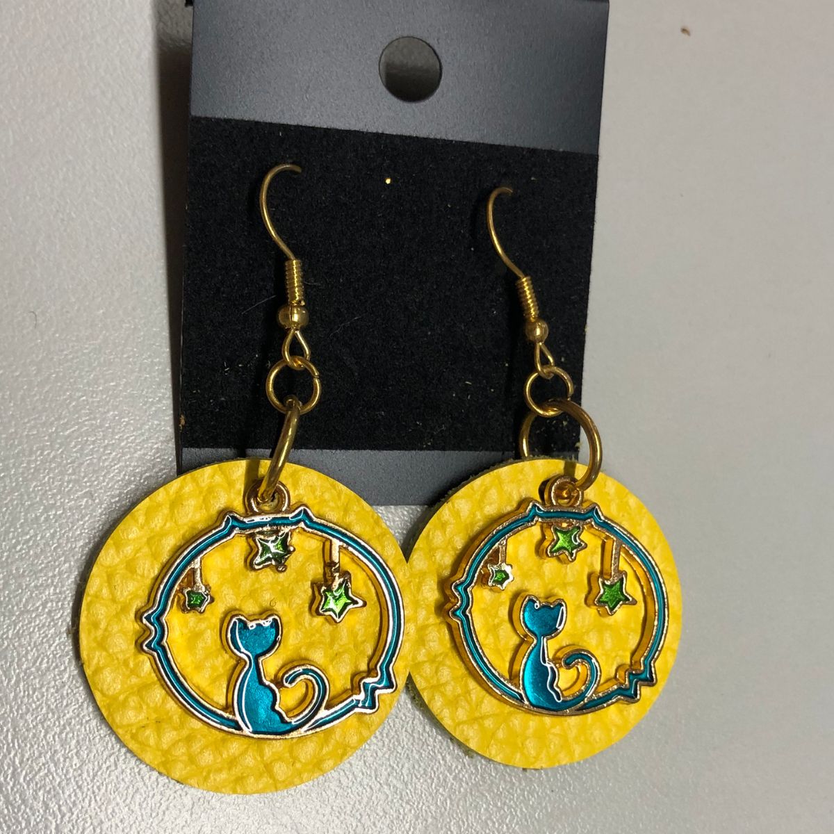 Real Yellow Pebbled Leather Earrings on Gold Ear wires with Blue Enameled Cat Under Stars Charms