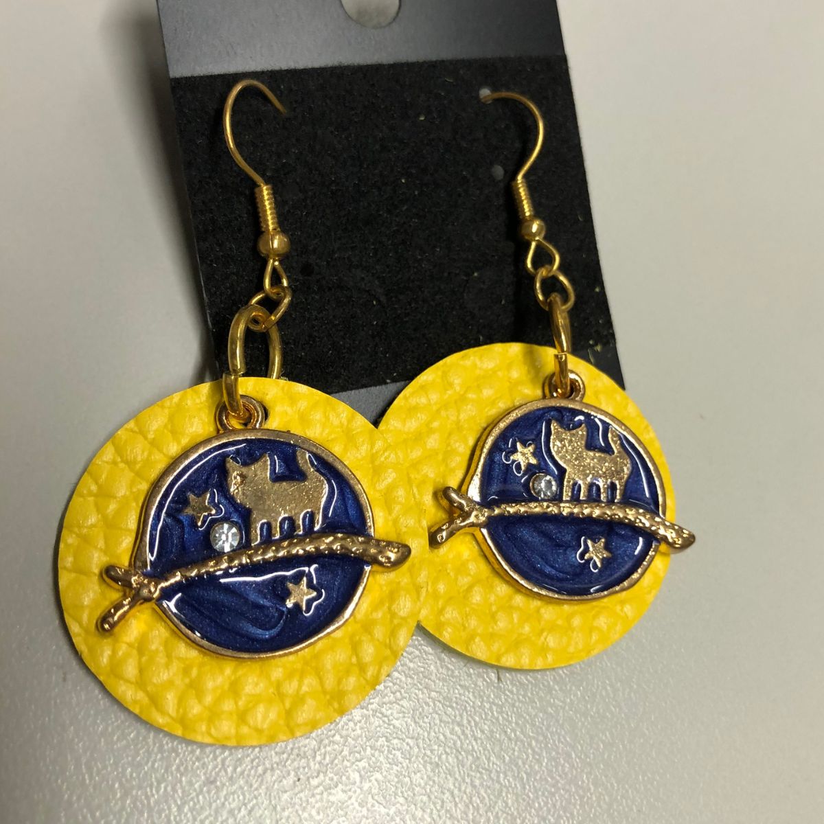 Real Yellow Pebbled Leather Earrings on Gold Ear wires with Blue Enameled Cat, Star, and Rhinestones Charms